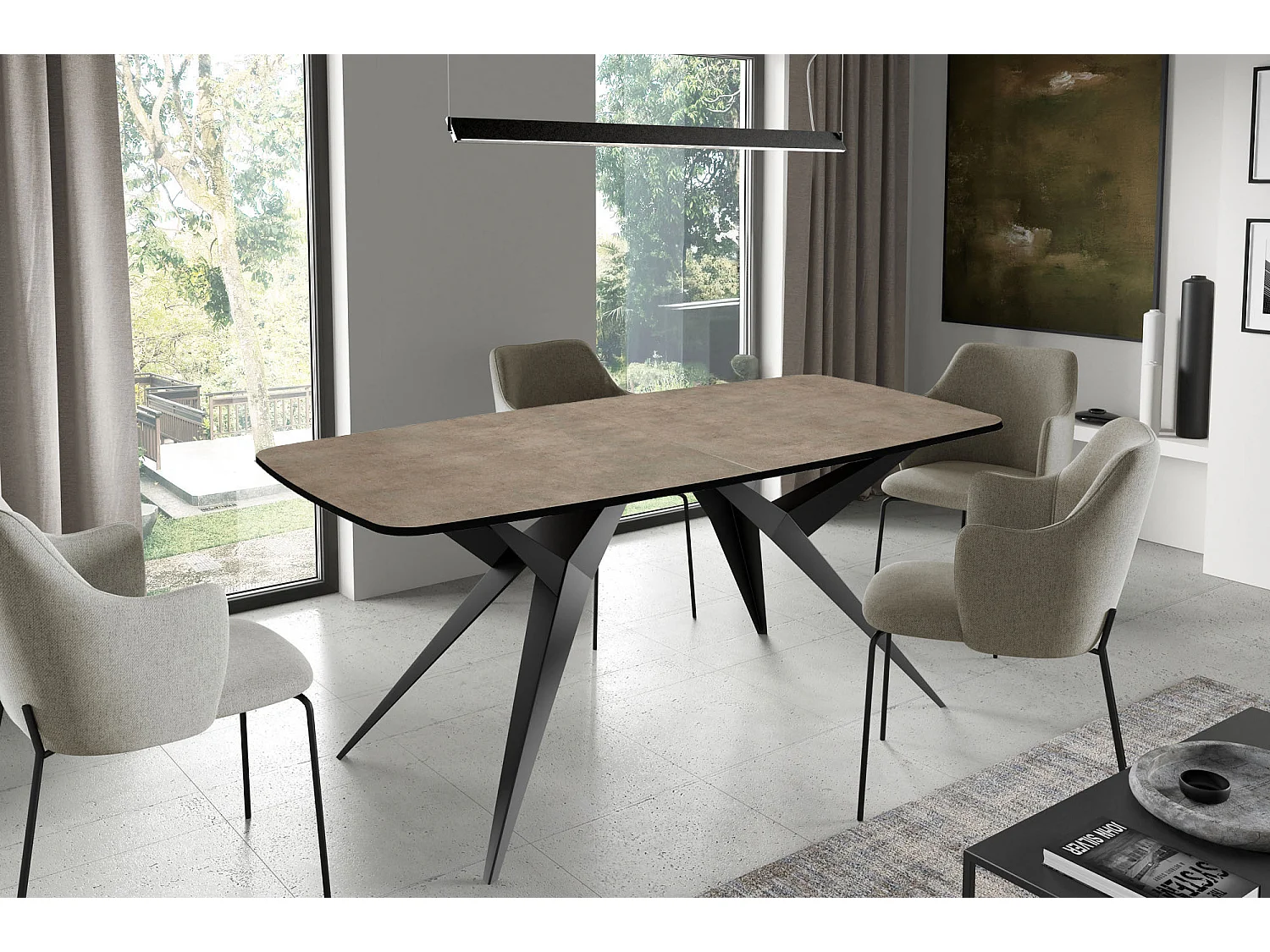 Ausziehbarer Esstisch im Loft-Stil – Rechteckiger Tisch mit Schwarzen Metallbeinen,  Abgerundeten Ecken für 6-10 Personen – 160 cm – Beton-Optik Dunkelgrau