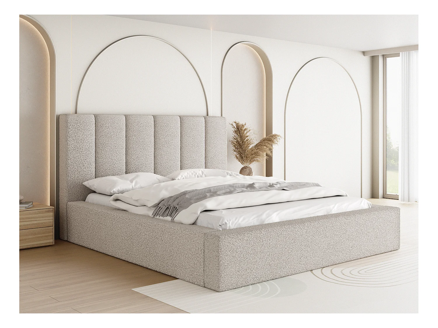 Lit Rembourré 200x200 - Lit Coffre en Tissu Bouclette Crème - Rangement - Cadre avec Sommier à Lattes - Tête Capitonnée - Amira - Lit Adulte Moderne - Beige