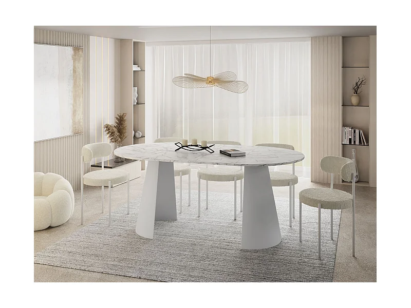 Esstisch Rund Ausziehbar im Loft-Stil – 100 cm – Industrieller Tisch mit Weißen Konischem Metallbeinen für 5-8 Personen, Wohnzimmer Esszimmer – Marmor Weiß