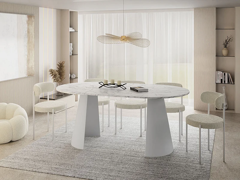 Esstisch Rund Ausziehbar im Loft-Stil – 100 cm – Industrieller Tisch mit Weißen Konischem Metallbeinen für 5-8 Personen, Wohnzimmer Esszimmer – Marmor Weiß