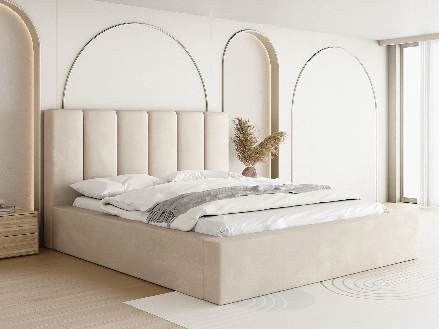 Polsterbett 120x200 – Bettkasten mit Lattenrost – Boucle oder Samt Weiß, Ecru – Hohes Kopfteil – Bettgestell ohne Matratze – Amira – Modernes Doppelbett – Creme