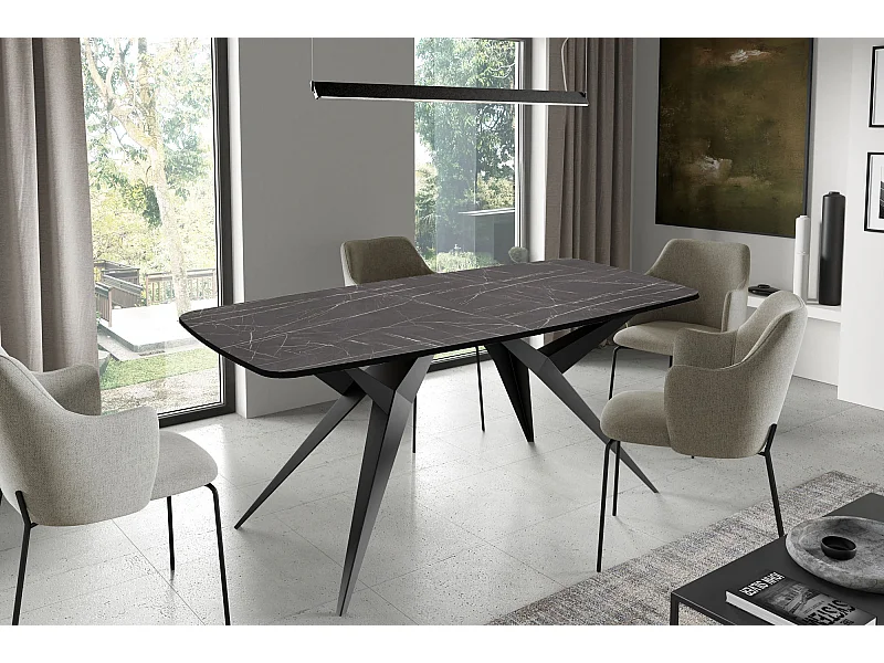 Ausziehbarer Esstisch im Loft-Stil – Rechteckiger Tisch mit Schwarzen Metallbeinen – Industrietisch mit Abgerundeten Ecken für 6-10 Personen – 160 cm Marmor Schwarz