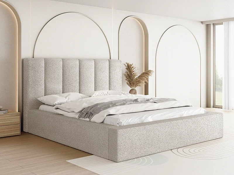 Lit Rembourré 120x200 - Lit Coffre en Tissu Bouclette Blanc Écru - Rangement - Cadre avec Sommier à Lattes - Tête Capitonnée - Amira - Lit Adulte Moderne - Crème