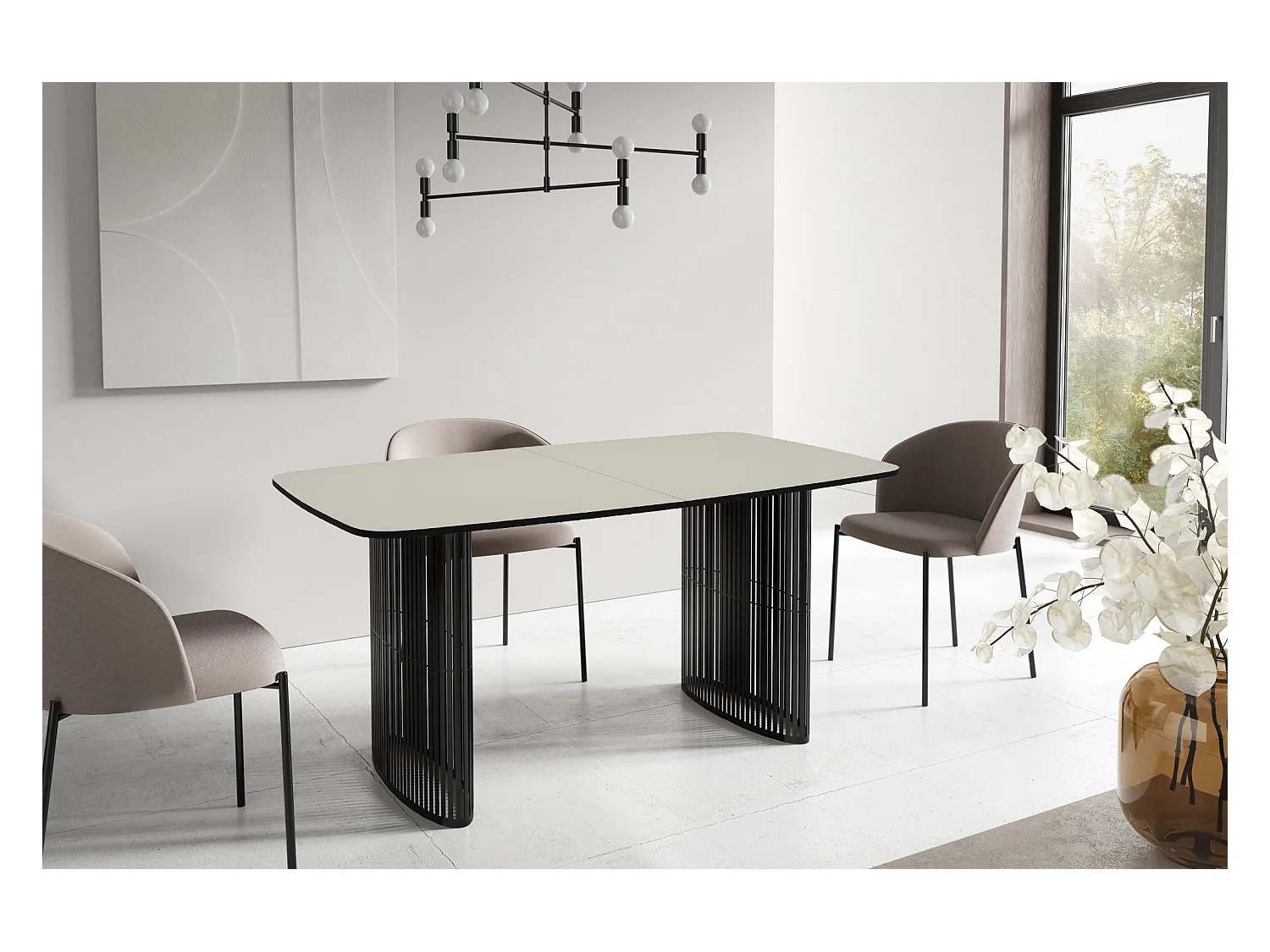 Table à Manger Rectangulaire Extensible à Lamelles Style Loft – 160 à 240 cm – Table avec Pieds en Métal Noir, Coins Arrondis pour 8-12 Personnes – Beige Cachemire