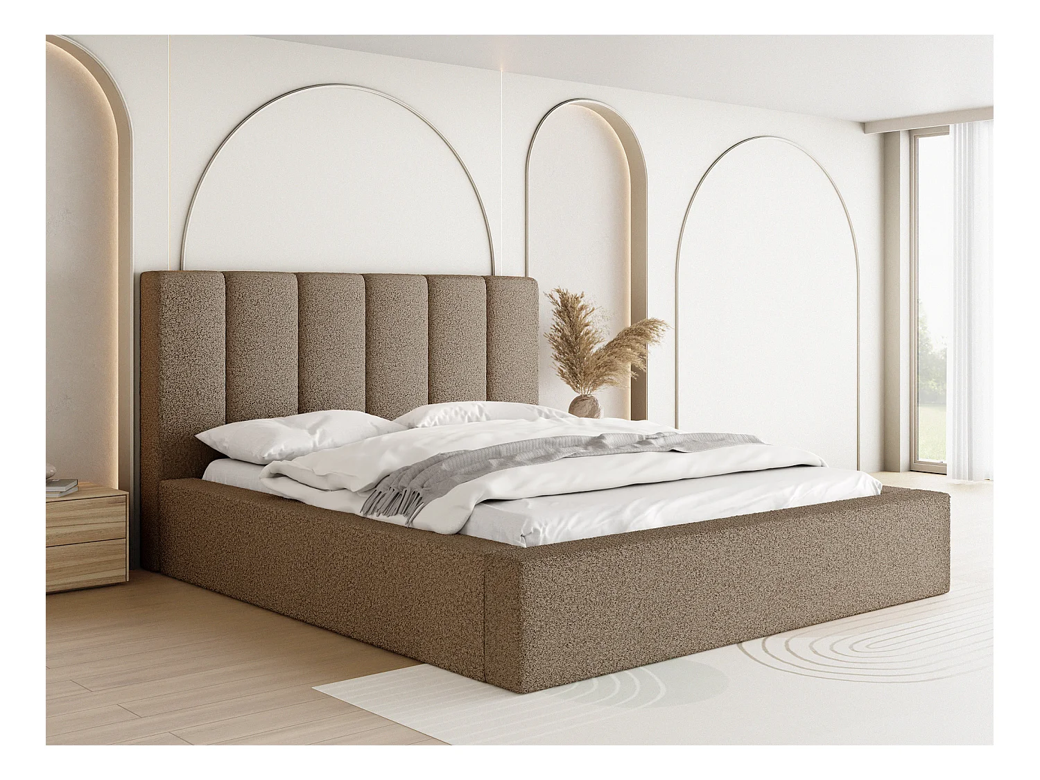 Lit Rembourré 200x200 - Lit Coffre en Tissu Bouclette - Rangement - Cadre avec Sommier à Lattes - Tête Capitonnée - Amira - Lit Adulte Moderne - Marron