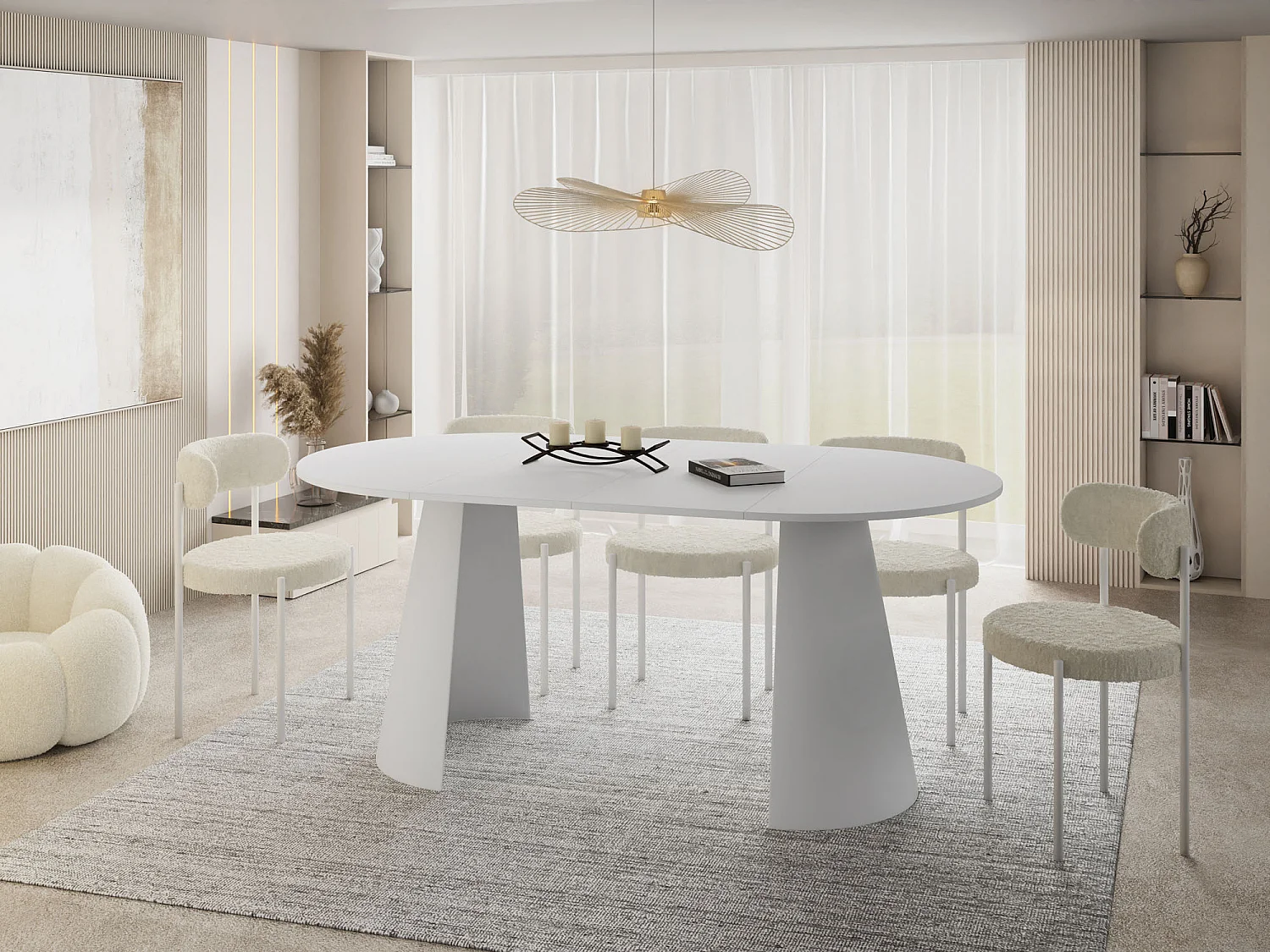 Esstisch Rund Ausziehbar im Loft-Stil – 120 cm – Industrieller Tisch mit Weißen Konischem Metallbeinen für 6-10 Personen, Wohnzimmer Esszimmer – Weiß