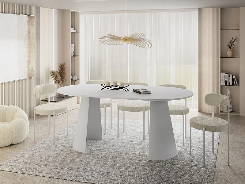 Table à Manger Ronde Extensible Style Loft – 100 à 180 cm – Table Industrielle avec Pieds en Métal Coniques Blancs pour 5 à 8 Personnes – Gain de Place – Blanc