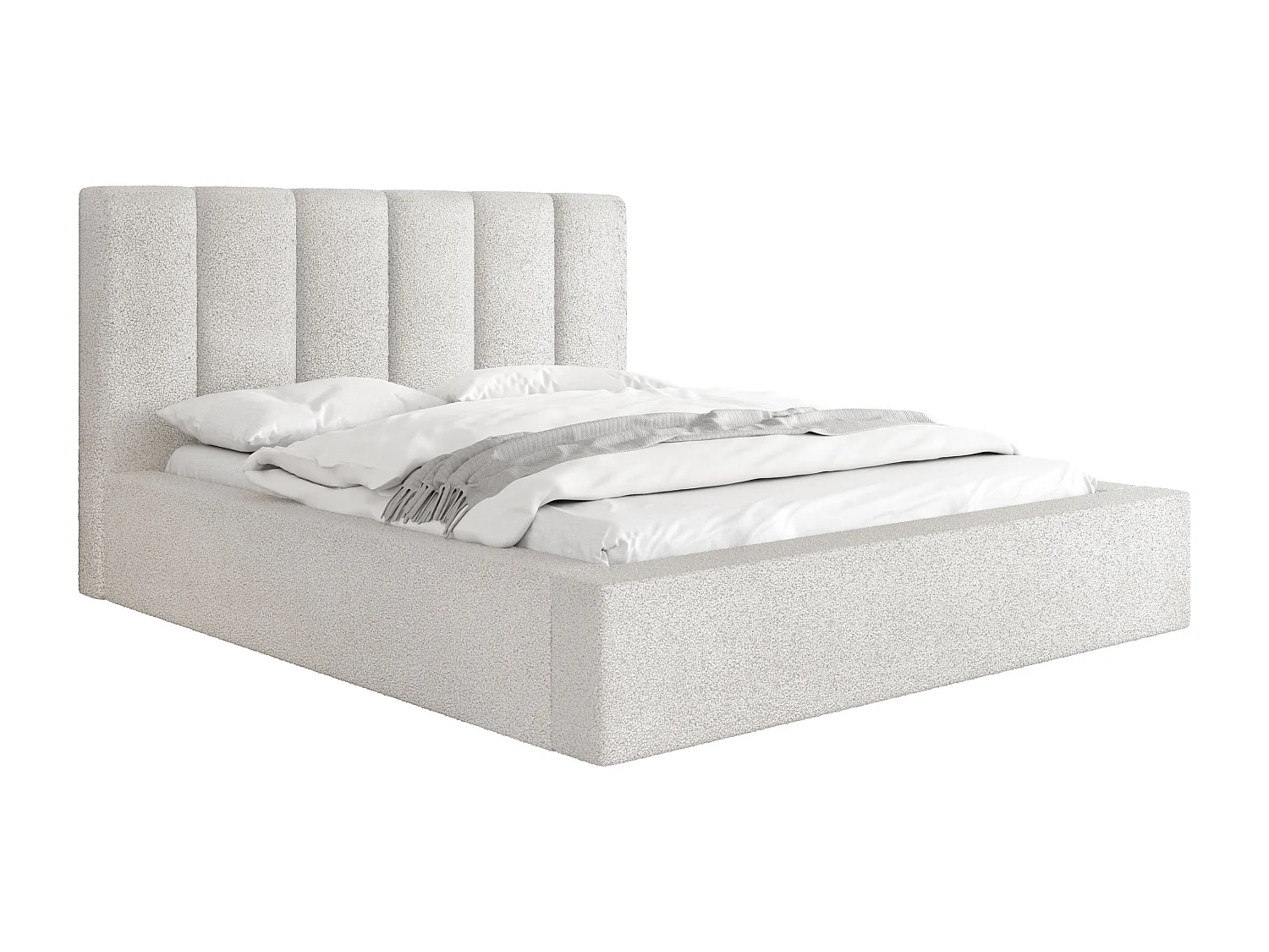 Polsterbett 160x200 – Bettkasten mit Lattenrost – Boucle oder Samt Weiß, Ecru – Hohes Kopfteil – Bettgestell ohne Matratze – Amira – Modernes Doppelbett – Creme