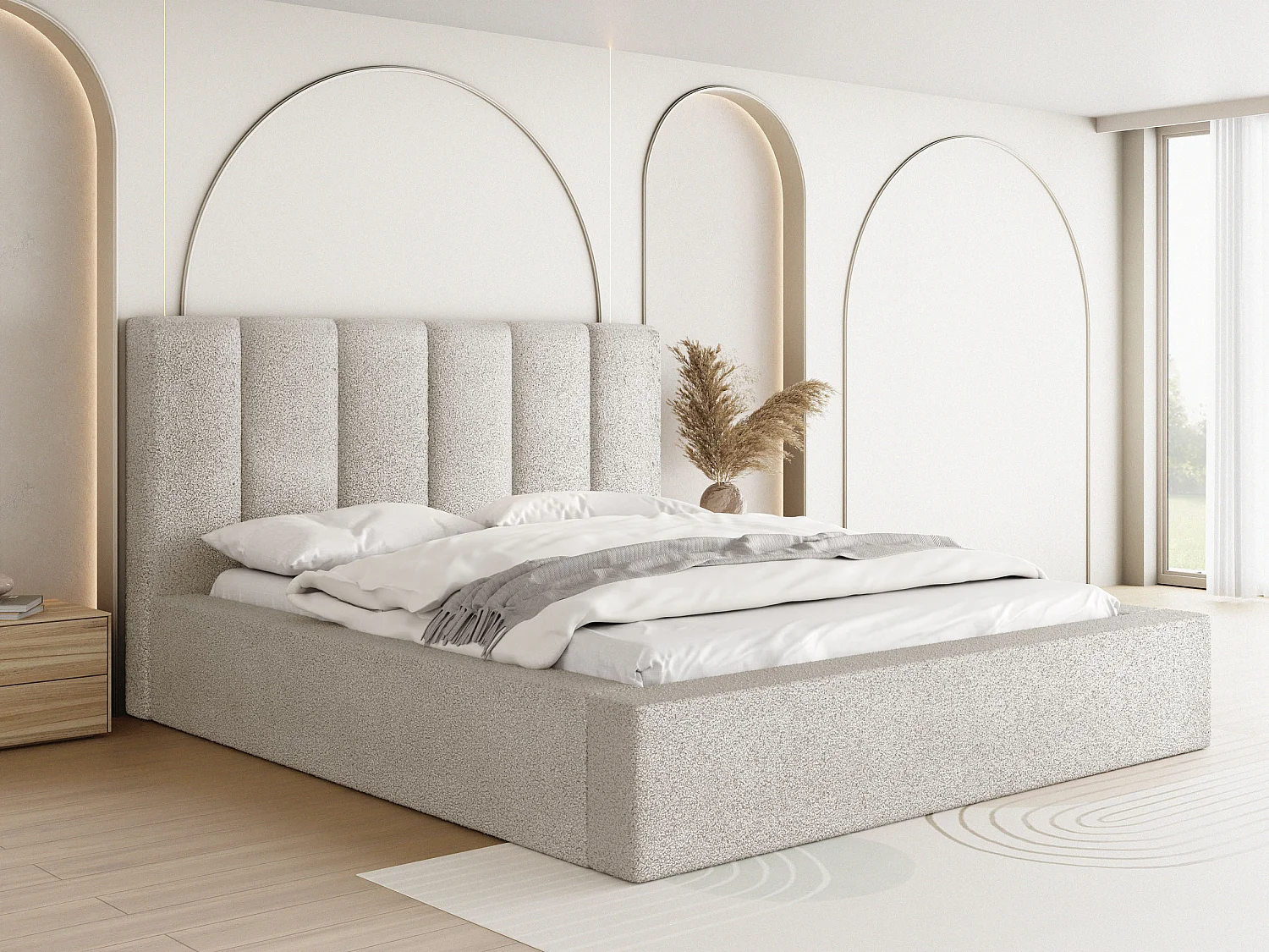 Polsterbett 140x200 – Bettkasten mit Lattenrost – Boucle oder Samt Weiß, Ecru – Hohes Kopfteil – Bettgestell ohne Matratze – Amira – Modernes Doppelbett – Creme