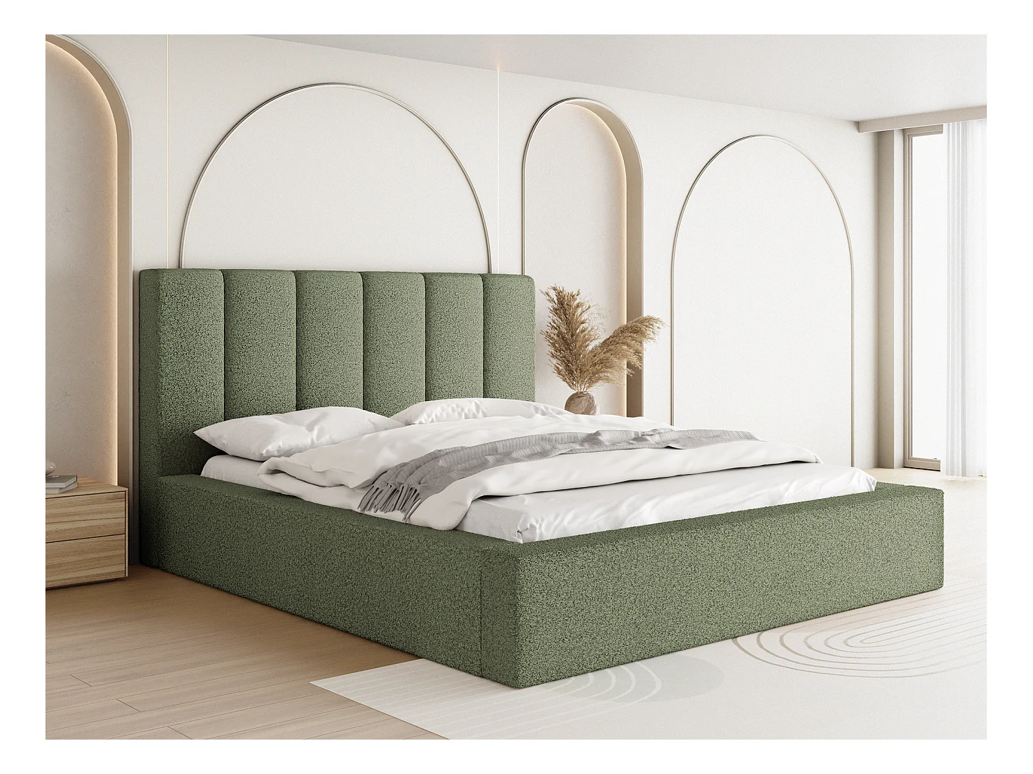 Lit Rembourré 200x200 - Lit Coffre en Tissu Bouclette - Rangement - Cadre avec Sommier à Lattes - Tête Capitonnée - Amira - Lit Adulte Moderne - Vert Olive