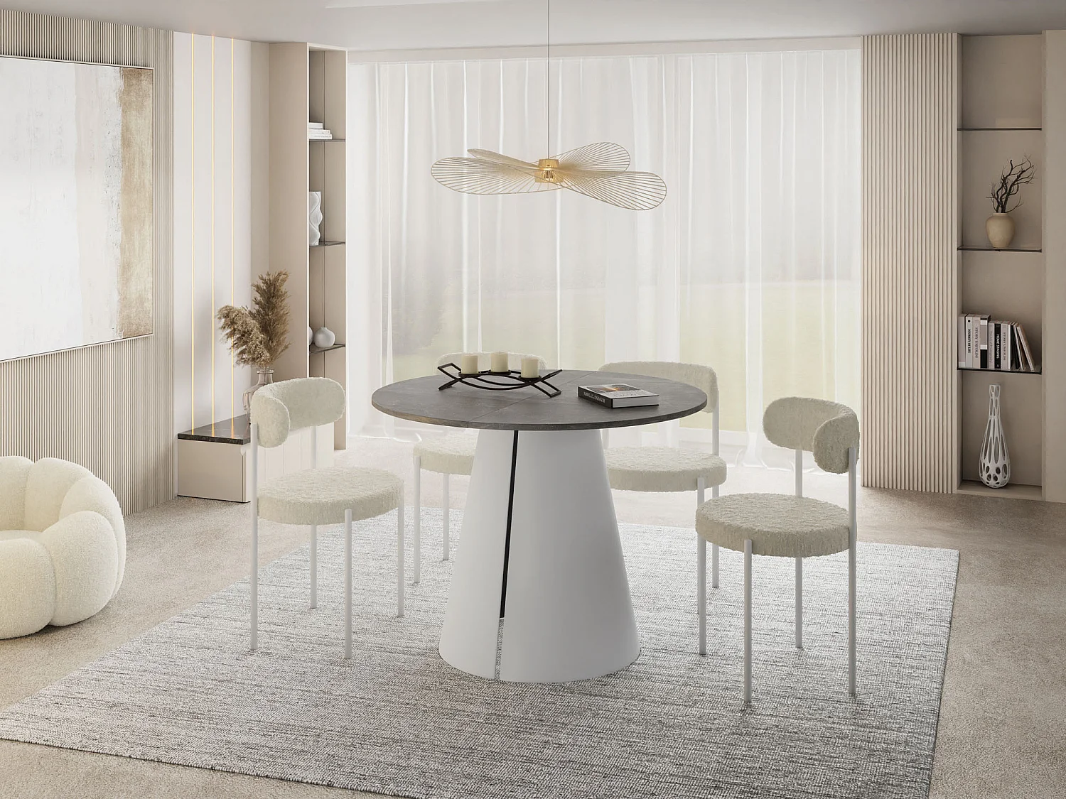 Esstisch Rund Ausziehbar im Loft-Stil – 100 cm – Industrieller Tisch mit Weißen Konischem Metallbeinen für 5-8 Personen, Wohnzimmer Esszimmer – Grauer Beton