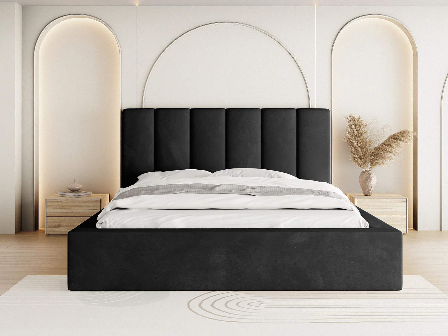 Polsterbett 120x200 – Bettkasten mit Lattenrost – Boucle oder Samt – Hohes Kopfteil – Bettgestell ohne Matratze – Amira – Modernes Doppelbett – Schwarz
