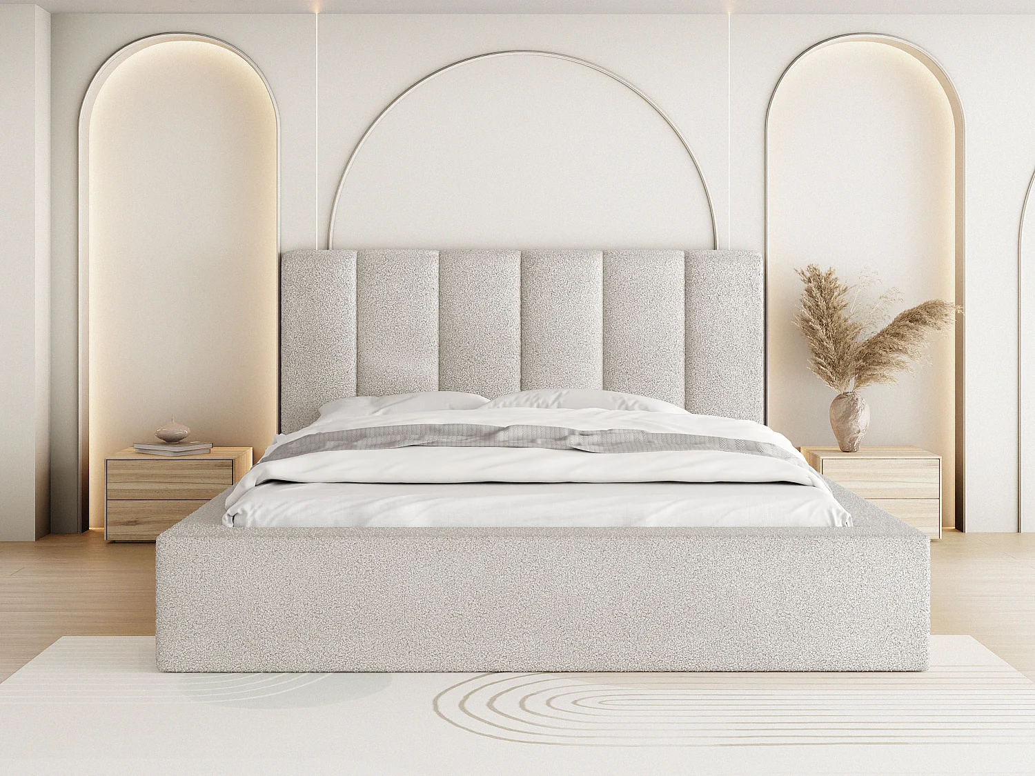 Polsterbett 180x200 – Bettkasten mit Lattenrost – Boucle oder Samt Weiß, Ecru – Hohes Kopfteil – Bettgestell ohne Matratze – Amira – Modernes Doppelbett – Creme