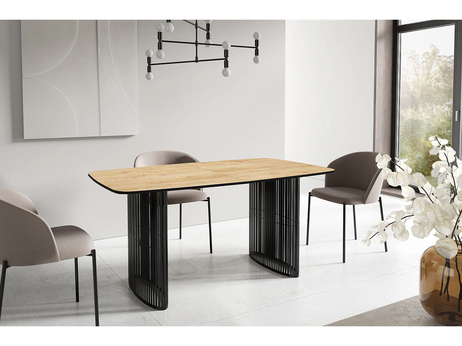 Esstisch Rechteckig Ausziehbar mit Lamellen im Loft-Stil – 180 bis 260 cm – Schwarzen Metallbeinen, Abgerundeten Ecken – für 10-14 Personen – Wohnzimmer – Braun