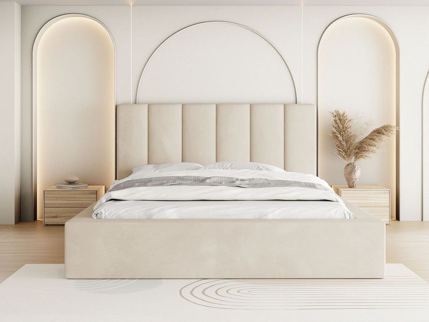 Polsterbett 140x200 – Bettkasten mit Lattenrost – Boucle oder Samt Weiß, Ecru – Hohes Kopfteil – Bettgestell ohne Matratze – Amira – Modernes Doppelbett – Creme