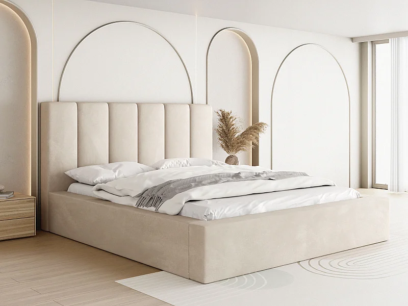 Lit Rembourré 160x200 - Lit Coffre Blanc Écru en Tissu Velours - Rangement - Cadre avec Sommier à Lattes - Tête Capitonnée - Amira - Lit Adulte Moderne - Crème