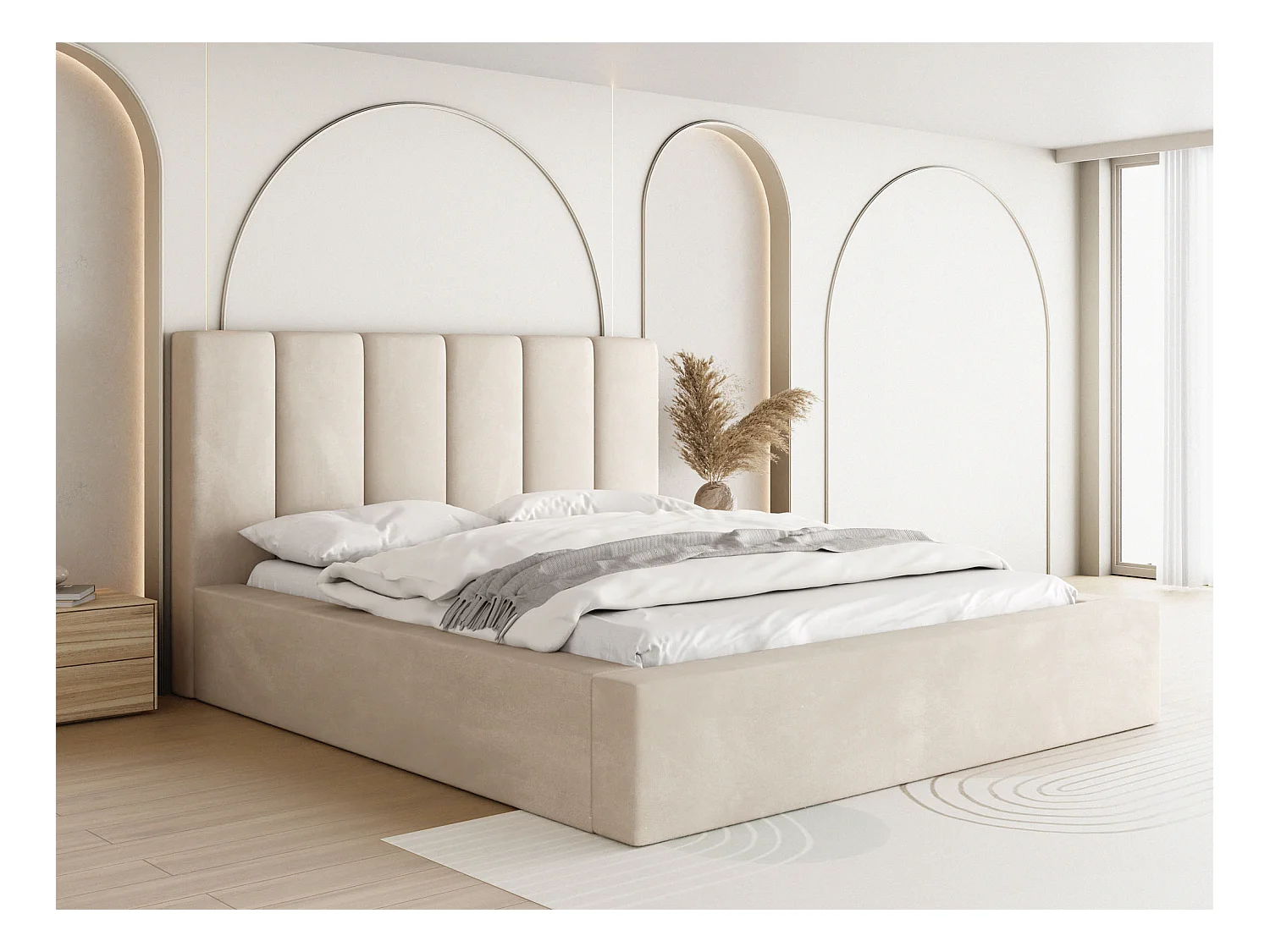 Lit Rembourré 160x200 - Lit Coffre Blanc Écru en Tissu Velours - Rangement - Cadre avec Sommier à Lattes - Tête Capitonnée - Amira - Lit Adulte Moderne - Crème