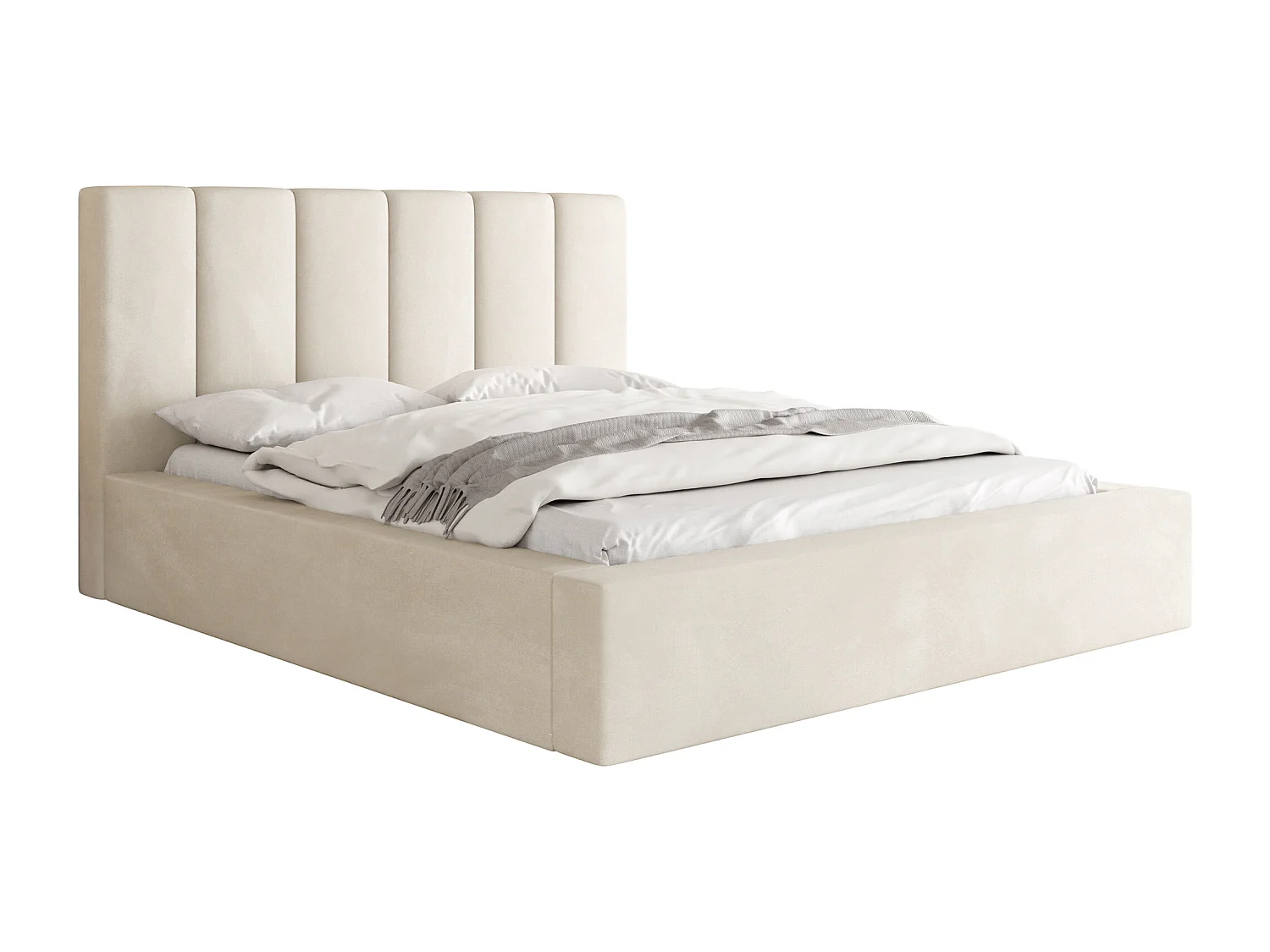 Polsterbett 160x200 – Bettkasten mit Lattenrost – Boucle oder Samt Weiß, Ecru – Hohes Kopfteil – Bettgestell ohne Matratze – Amira – Modernes Doppelbett – Creme