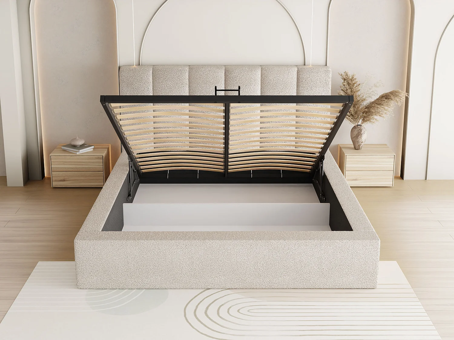 Polsterbett 160x200 – Bettkasten mit Lattenrost – Boucle oder Samt Weiß, Ecru – Hohes Kopfteil – Bettgestell ohne Matratze – Amira – Modernes Doppelbett – Creme