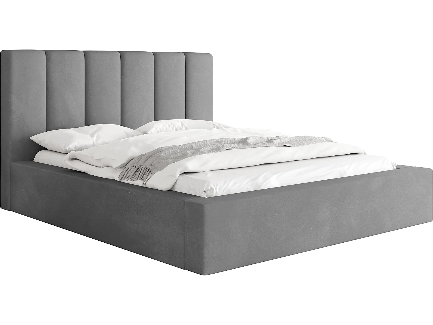Polsterbett 200x200 – Bettkasten mit Lattenrost – Boucle oder Samt – Hohes Kopfteil – Bettgestell ohne Matratze – Amira – Modernes Doppelbett – Grau
