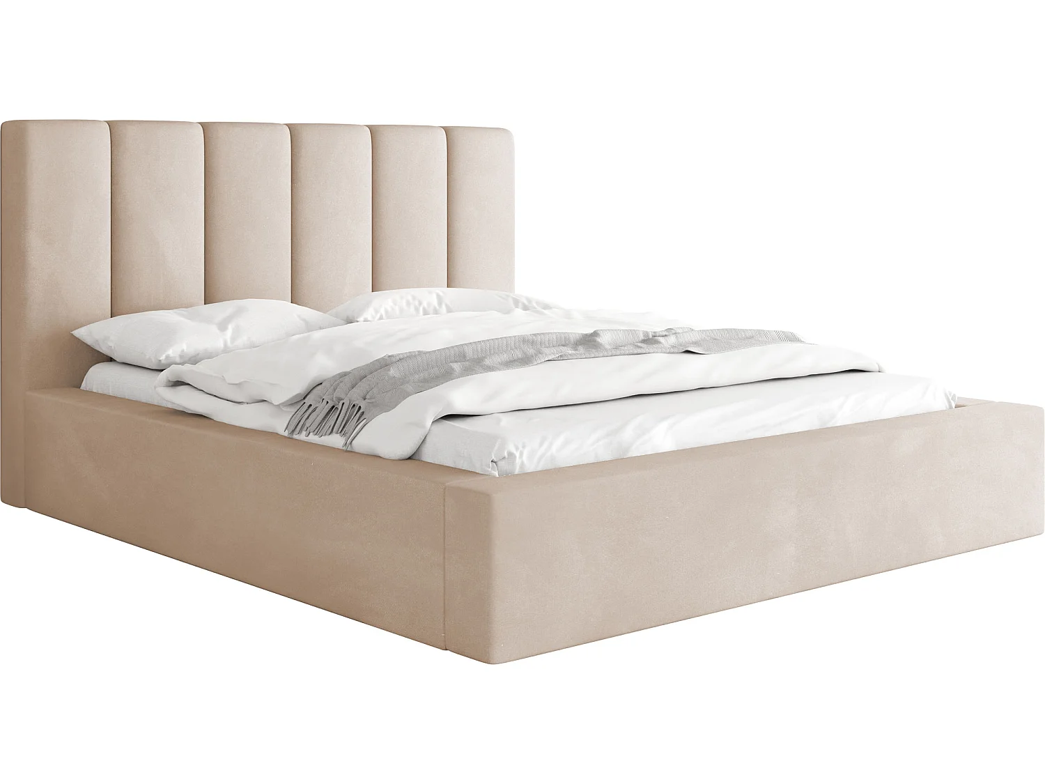 Polsterbett 120x200 – Bettkasten mit Lattenrost – Boucle oder Samt Creme – Hohes Kopfteil – Bettgestell ohne Matratze – Amira – Modernes Doppelbett – Beige
