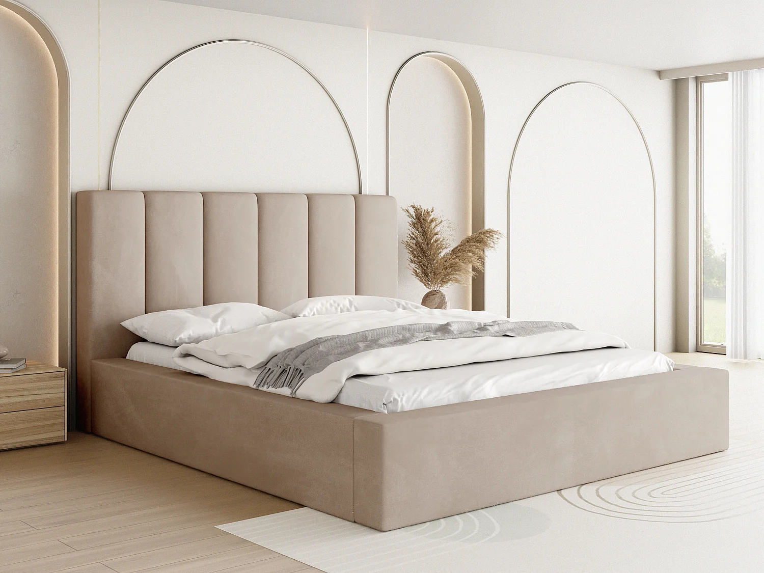 Polsterbett 120x200 – Bettkasten mit Lattenrost – Boucle oder Samt Creme – Hohes Kopfteil – Bettgestell ohne Matratze – Amira – Modernes Doppelbett – Beige