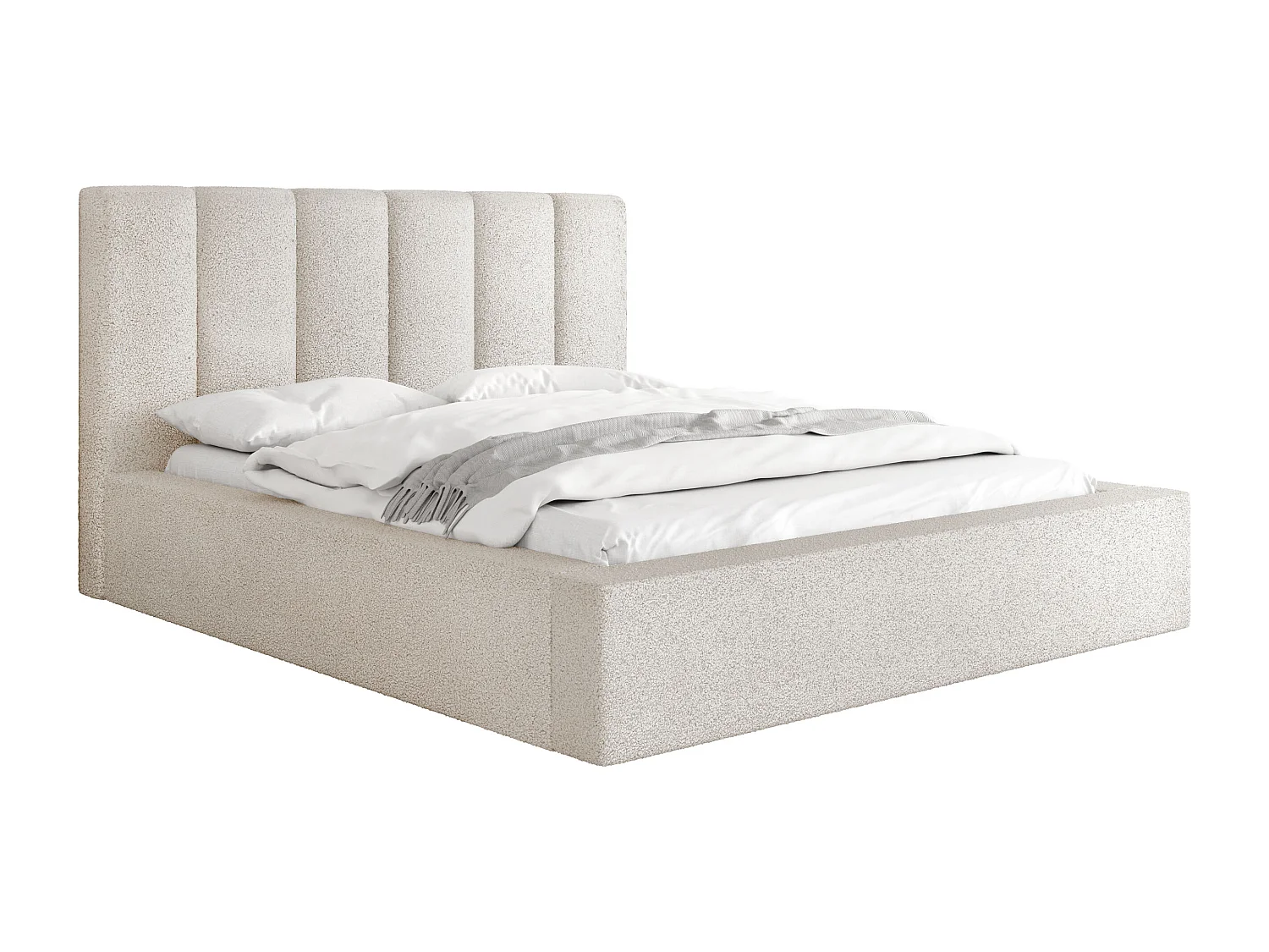 Polsterbett 120x200 – Bettkasten mit Lattenrost – Boucle oder Samt Creme – Hohes Kopfteil – Bettgestell ohne Matratze – Amira – Modernes Doppelbett – Beige