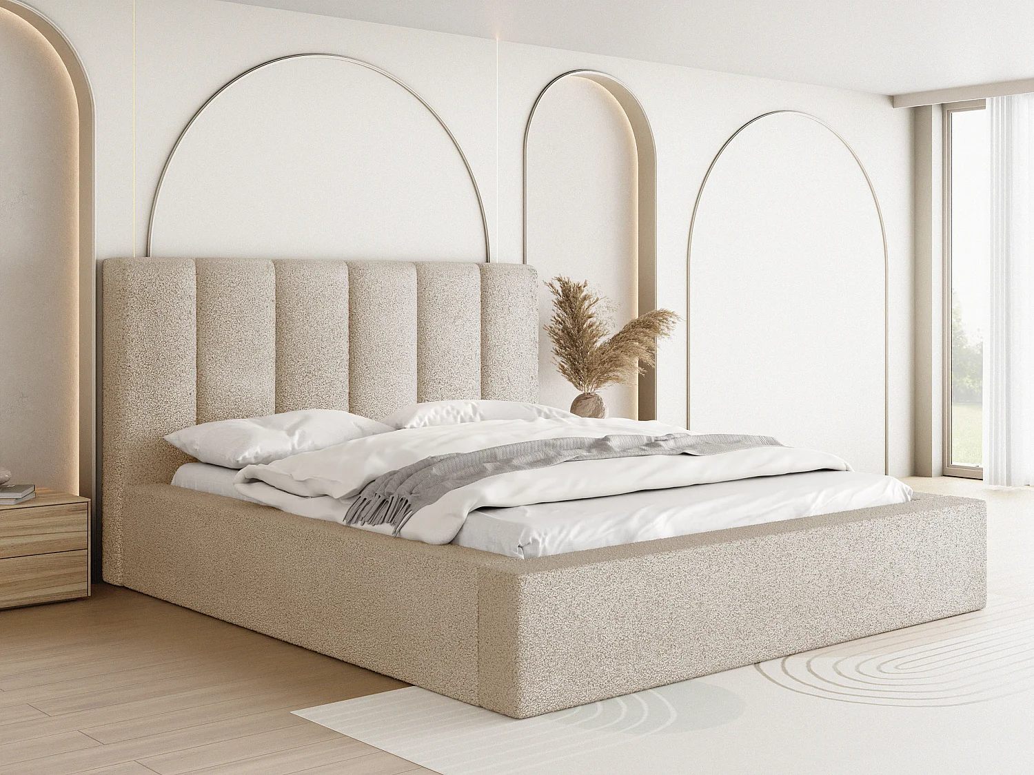 Polsterbett 120x200 – Bettkasten mit Lattenrost – Boucle oder Samt Creme – Hohes Kopfteil – Bettgestell ohne Matratze – Amira – Modernes Doppelbett – Beige