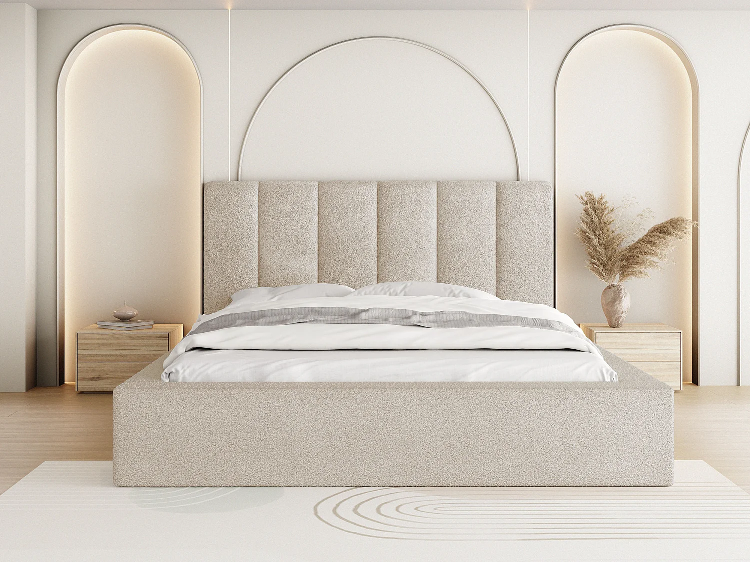 Polsterbett 120x200 – Bettkasten mit Lattenrost – Boucle oder Samt Creme – Hohes Kopfteil – Bettgestell ohne Matratze – Amira – Modernes Doppelbett – Beige