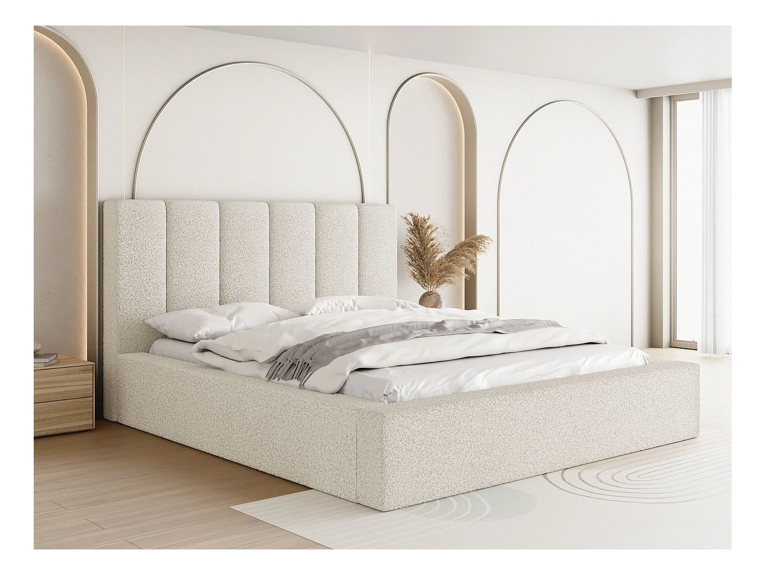 Lit Rembourré 200x200 - Lit Coffre en Tissu Bouclette Blanc Écru - Rangement - Cadre avec Sommier à Lattes - Tête Capitonnée - Amira - Lit Adulte Moderne - Crème