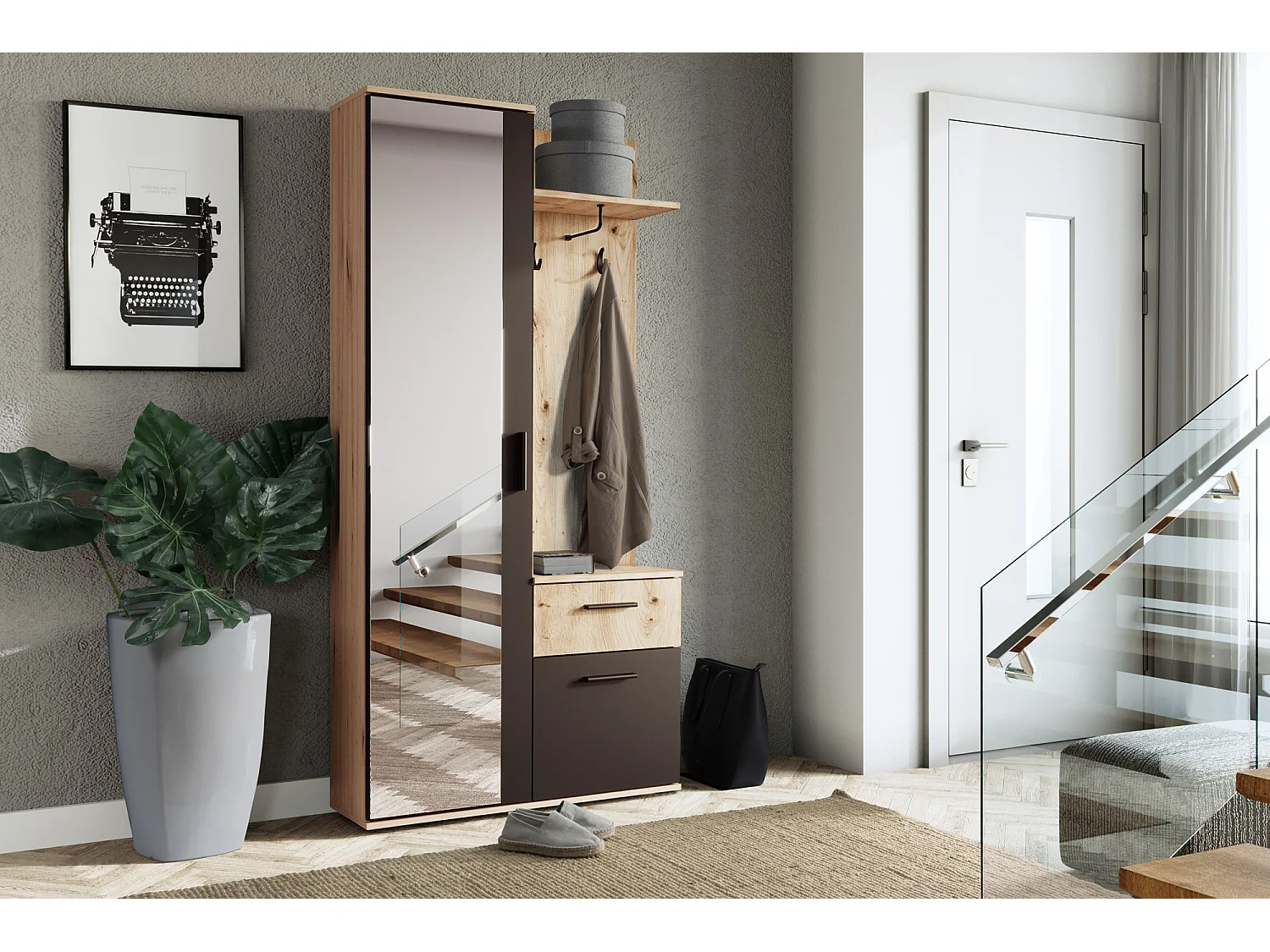 Garderoben-Set 97 cm mit Spiegel & Stauraum – Mit Haken, Schublade & Ablage – Flurgarderobe für Diele & Eingang – Artisan Eiche/Schwarz – Links oder Rechts – Nex