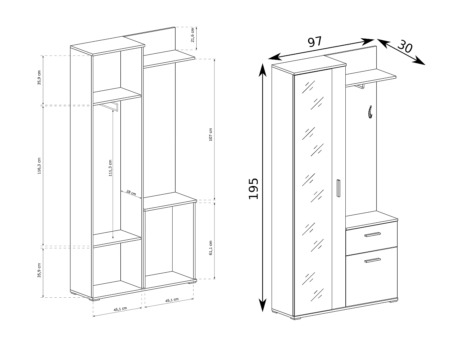 Garderoben-Set 97 cm mit Spiegel & Stauraum – Mit Haken, Schublade & Ablage – Flurgarderobe für Diele & Eingang – Artisan Eiche – Links oder Rechts Montierbar – Nex