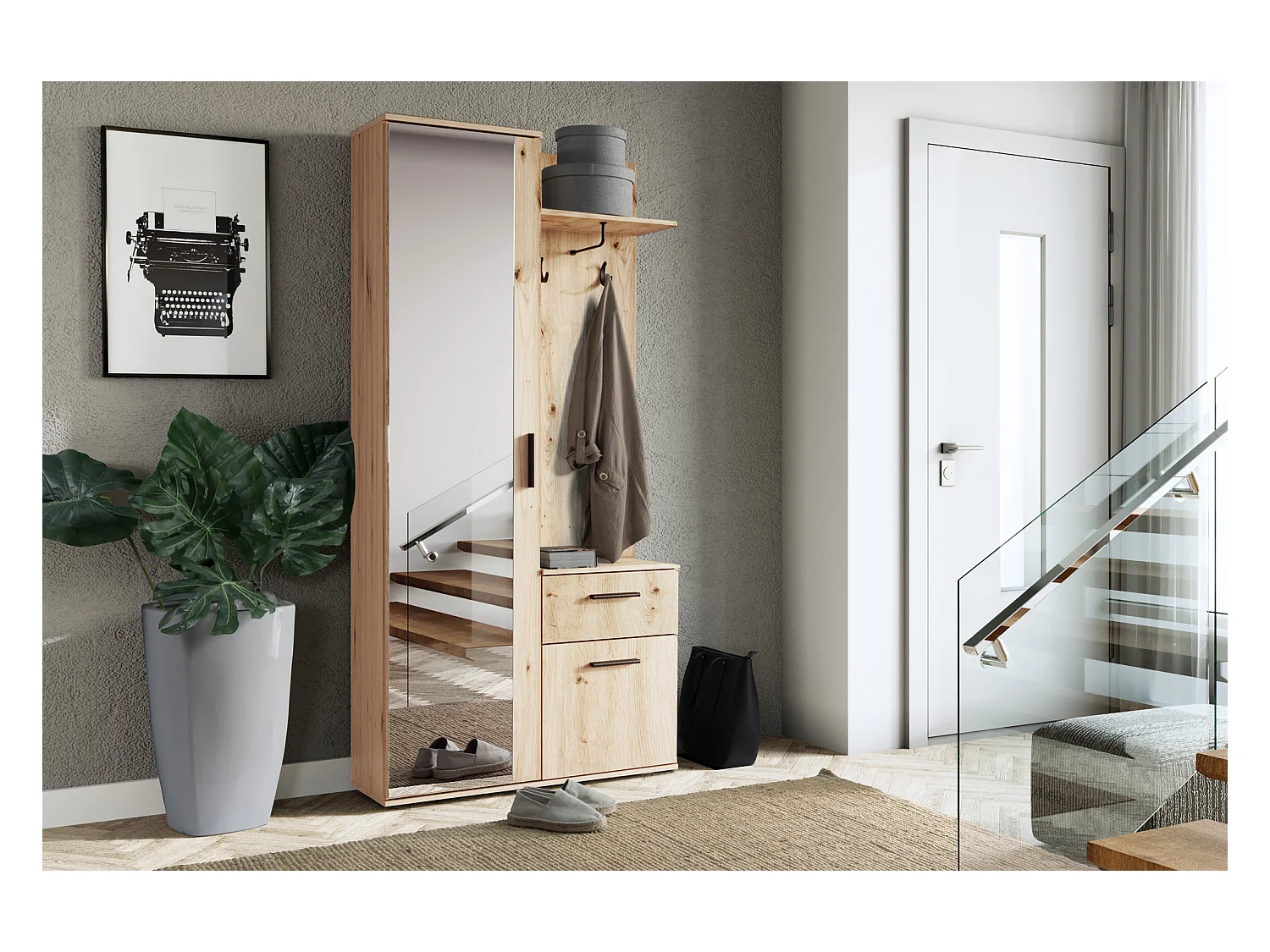 Garderoben-Set 97 cm mit Spiegel & Stauraum – Mit Haken, Schublade & Ablage – Flurgarderobe für Diele & Eingang – Artisan Eiche – Links oder Rechts Montierbar – Nex