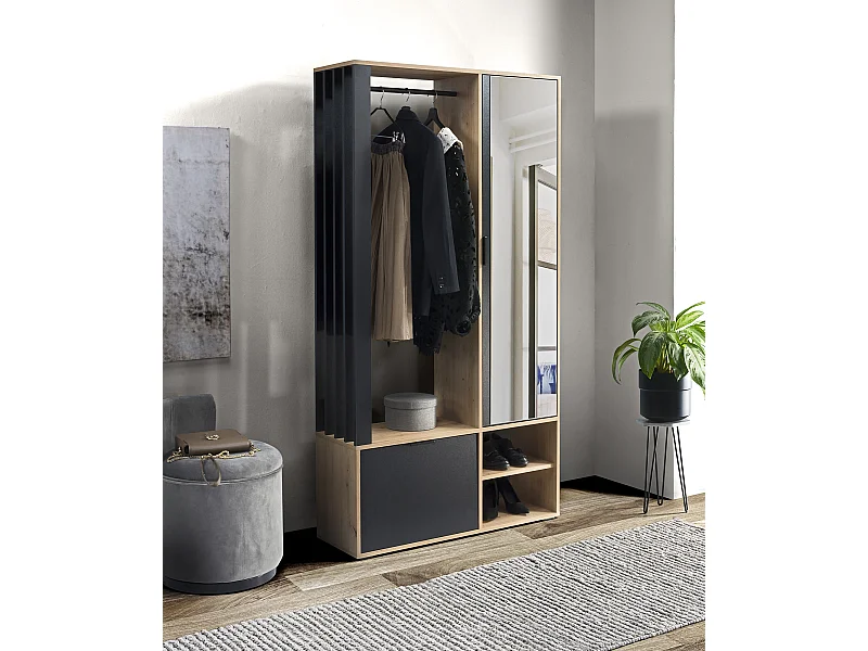 Garderoben-Set mit Spiegel & Sitzbank 100 – Flurgarderobe mit Kleiderstange, Ablage, Stauraum – Links oder Rechts – Artisan Eiche/ Schwarz – Garderobenschrank Lena