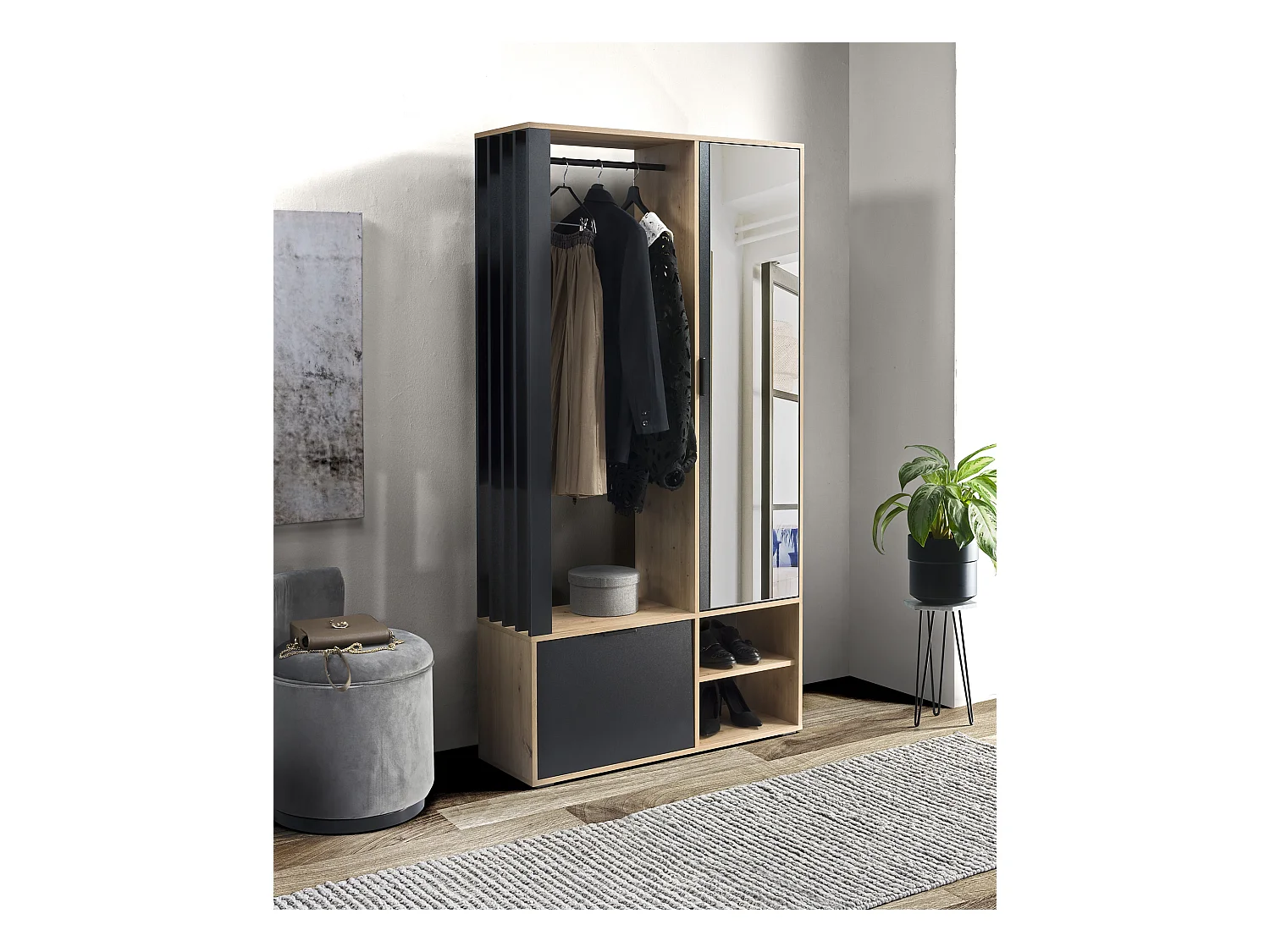 Garderoben-Set mit Spiegel & Sitzbank 100 – Flurgarderobe mit Kleiderstange, Ablage, Stauraum – Links oder Rechts – Artisan Eiche/ Schwarz – Garderobenschrank Lena