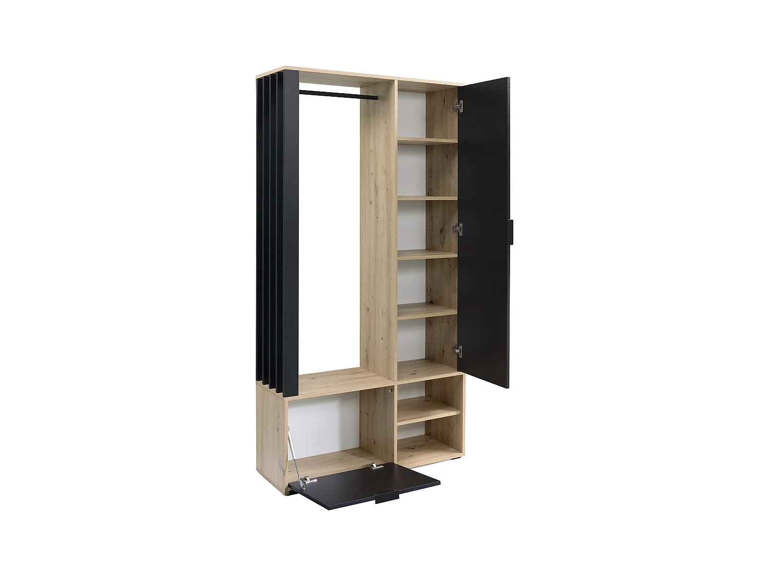 Garderoben-Set mit Spiegel & Sitzbank 100 – Flurgarderobe mit Kleiderstange, Ablage, Stauraum – Links oder Rechts – Artisan Eiche/ Schwarz – Garderobenschrank Lena