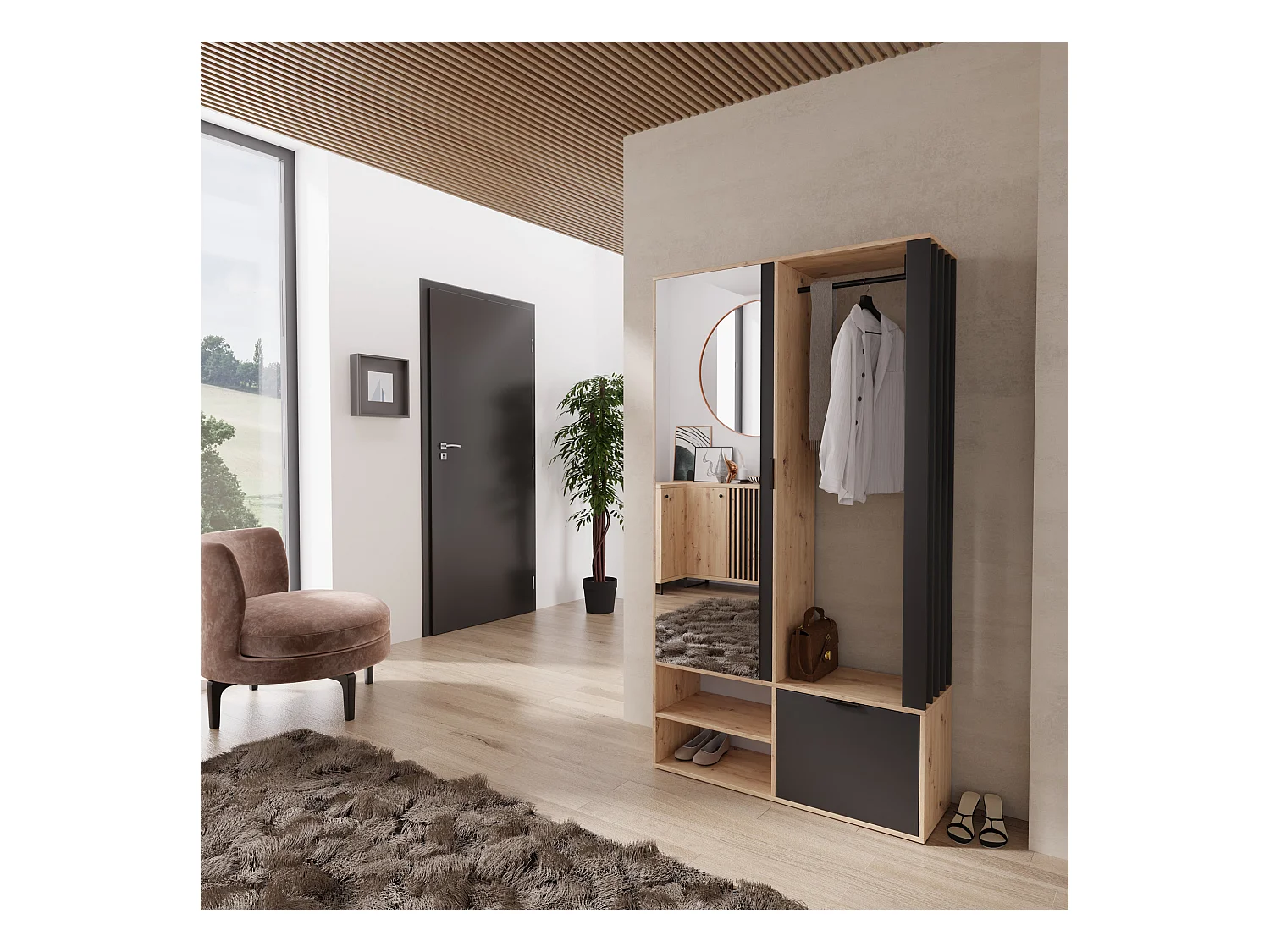 Garderoben-Set mit Spiegel & Sitzbank 100 – Flurgarderobe mit Kleiderstange, Ablage, Stauraum – Links oder Rechts – Artisan Eiche/ Schwarz – Garderobenschrank Lena