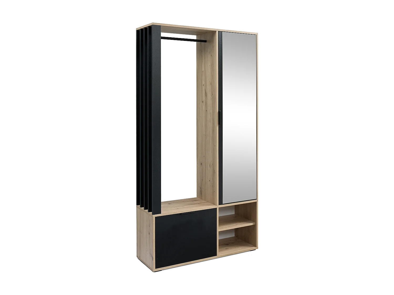 Garderoben-Set mit Spiegel & Sitzbank 100 – Flurgarderobe mit Kleiderstange, Ablage, Stauraum – Links oder Rechts – Artisan Eiche/ Schwarz – Garderobenschrank Lena