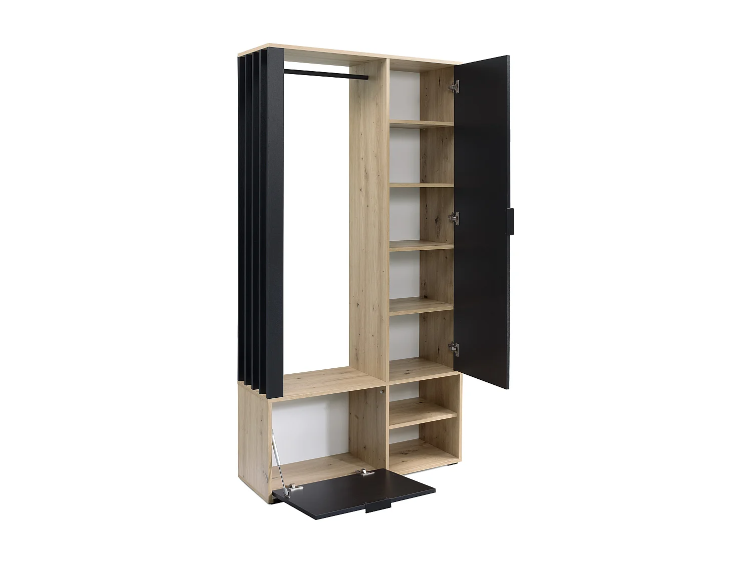 Garderoben-Set mit Spiegel & Sitzbank 100 – Flurgarderobe mit Kleiderstange, Ablage, Stauraum – Links oder Rechts – Artisan Eiche/ Schwarz – Garderobenschrank Lena