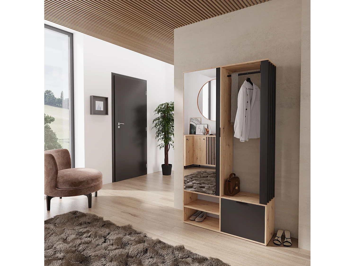 Garderoben-Set mit Spiegel & Sitzbank 100 – Flurgarderobe mit Kleiderstange, Ablage, Stauraum – Links oder Rechts – Artisan Eiche/ Schwarz – Garderobenschrank Lena