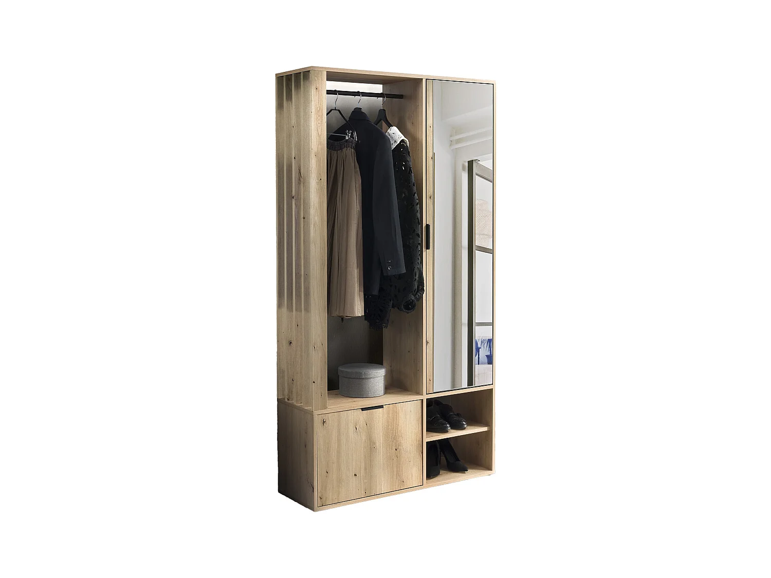 Garderoben-Set mit Spiegel & Sitzbank 100 cm – Flurgarderobe mit Kleiderstange, Ablage, Stauraum – Links oder Rechts – Artisan Eiche – Garderobenschrank Lena