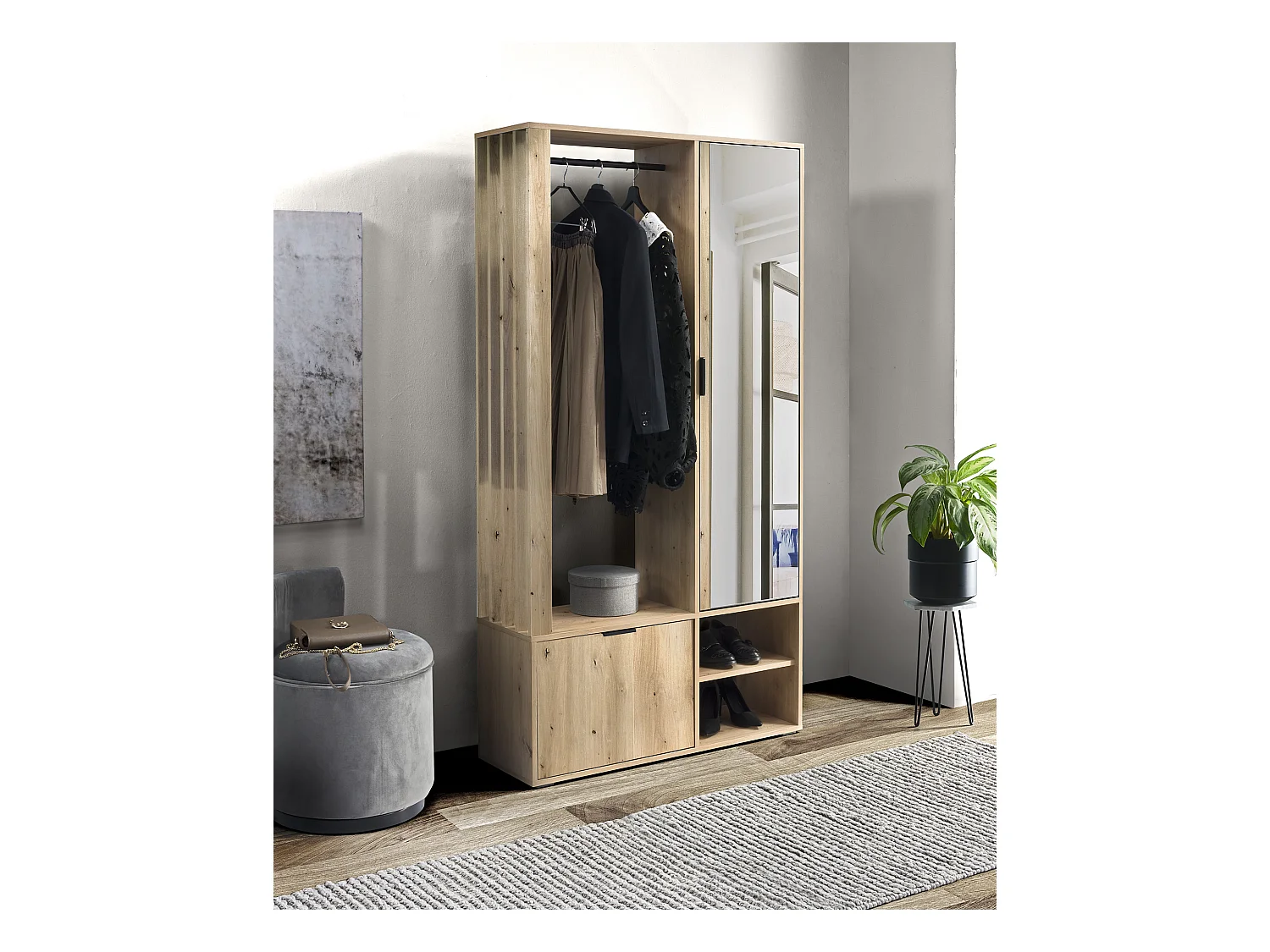 Garderoben-Set mit Spiegel & Sitzbank 100 cm – Flurgarderobe mit Kleiderstange, Ablage, Stauraum – Links oder Rechts – Artisan Eiche – Garderobenschrank Lena