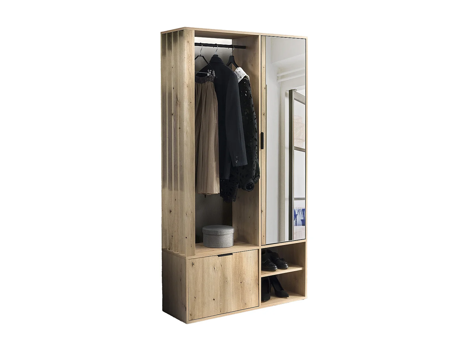 Garderoben-Set mit Spiegel & Sitzbank 100 cm – Flurgarderobe mit Kleiderstange, Ablage, Stauraum – Links oder Rechts – Artisan Eiche – Garderobenschrank Lena