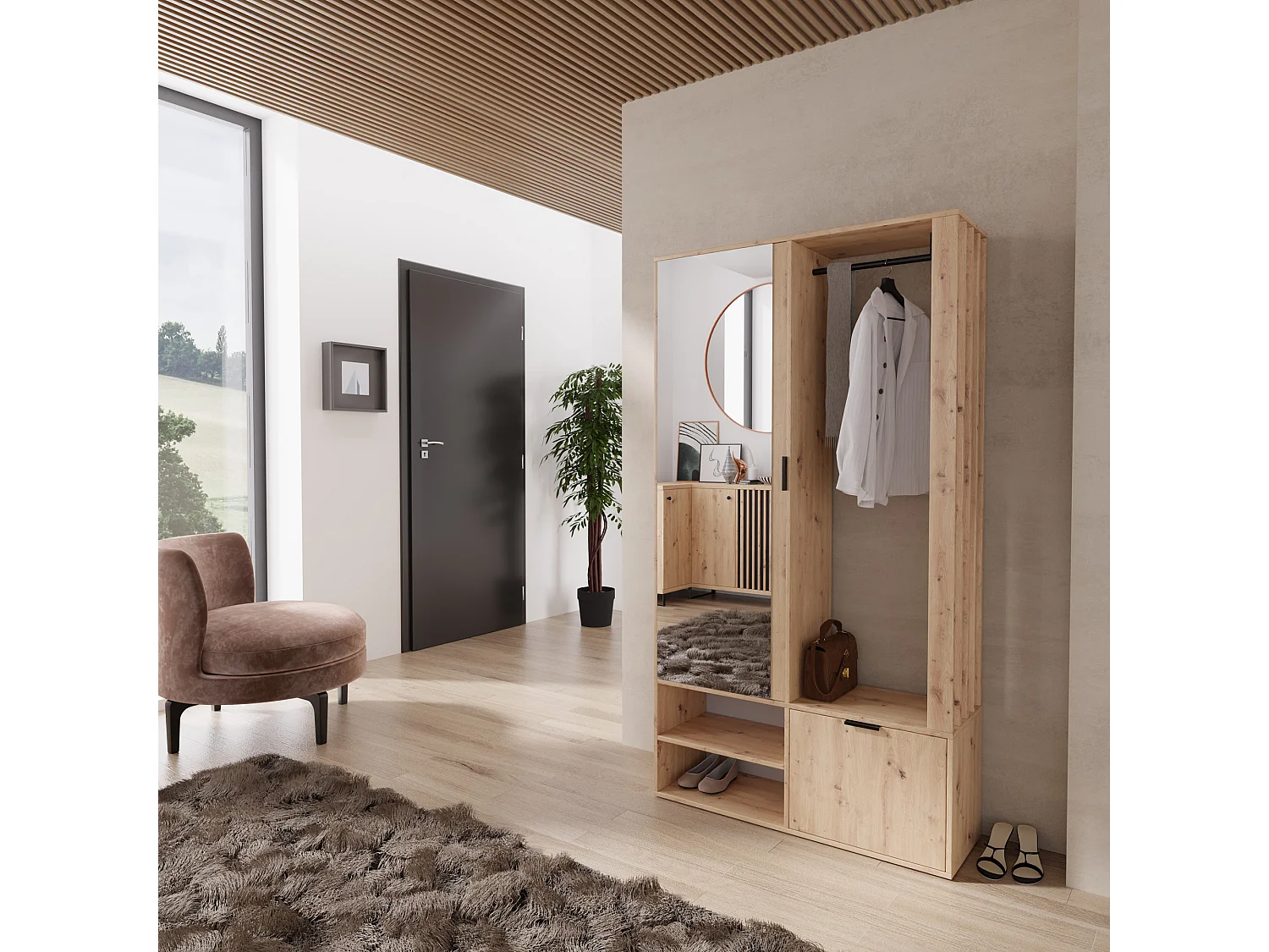 Garderoben-Set mit Spiegel & Sitzbank 100 cm – Flurgarderobe mit Kleiderstange, Ablage, Stauraum – Links oder Rechts – Artisan Eiche – Garderobenschrank Lena