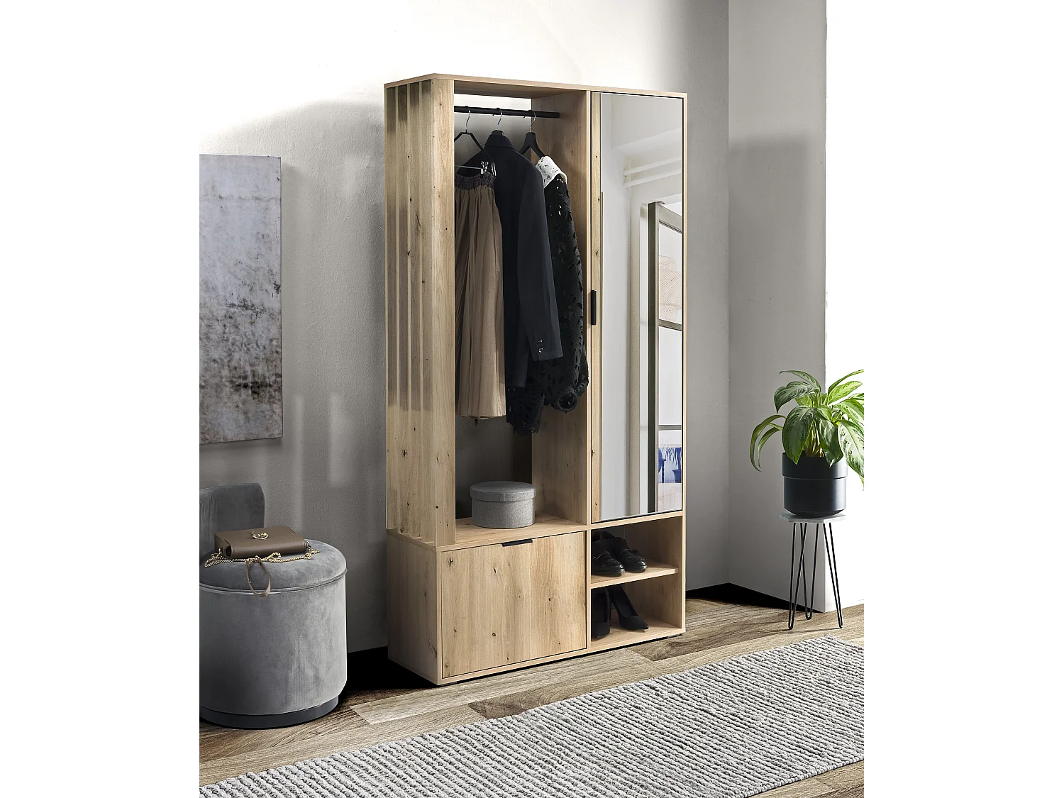 Garderoben-Set mit Spiegel & Sitzbank 100 cm – Flurgarderobe mit Kleiderstange, Ablage, Stauraum – Links oder Rechts – Artisan Eiche – Garderobenschrank Lena