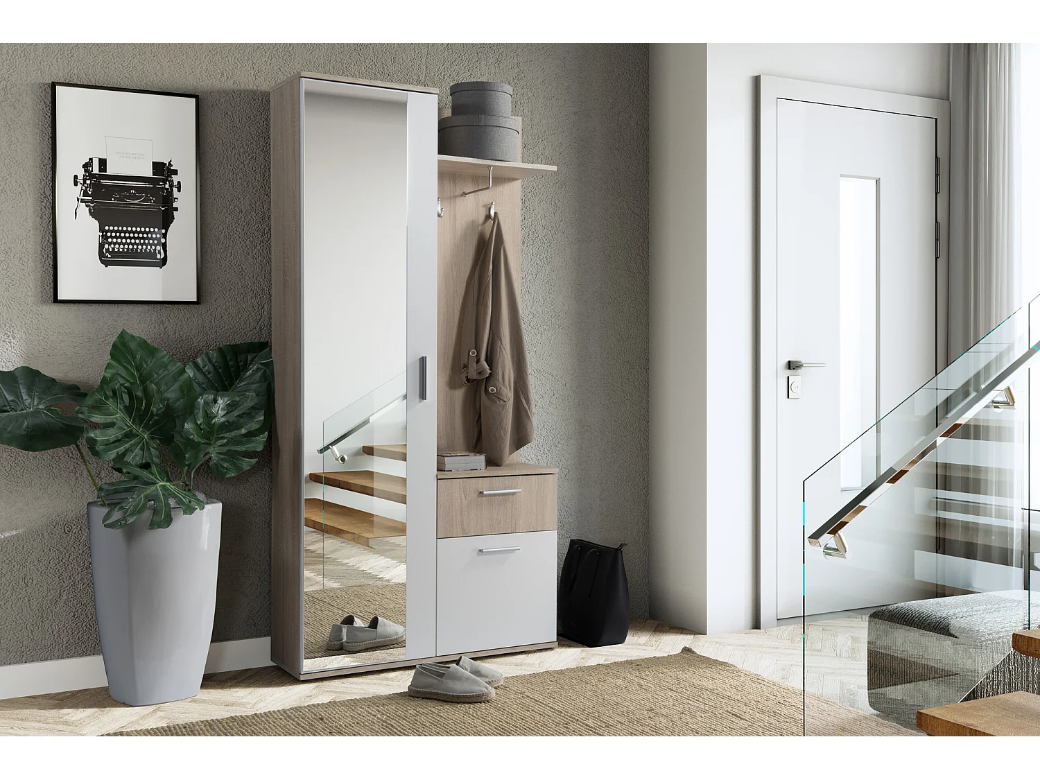 Garderoben-Set 97 cm mit Spiegel & Stauraum – Mit Haken, Schublade & Ablage – Flurgarderobe für Diele & Eingang – Sonoma Eiche/Weiß – Links oder Rechts – Nex