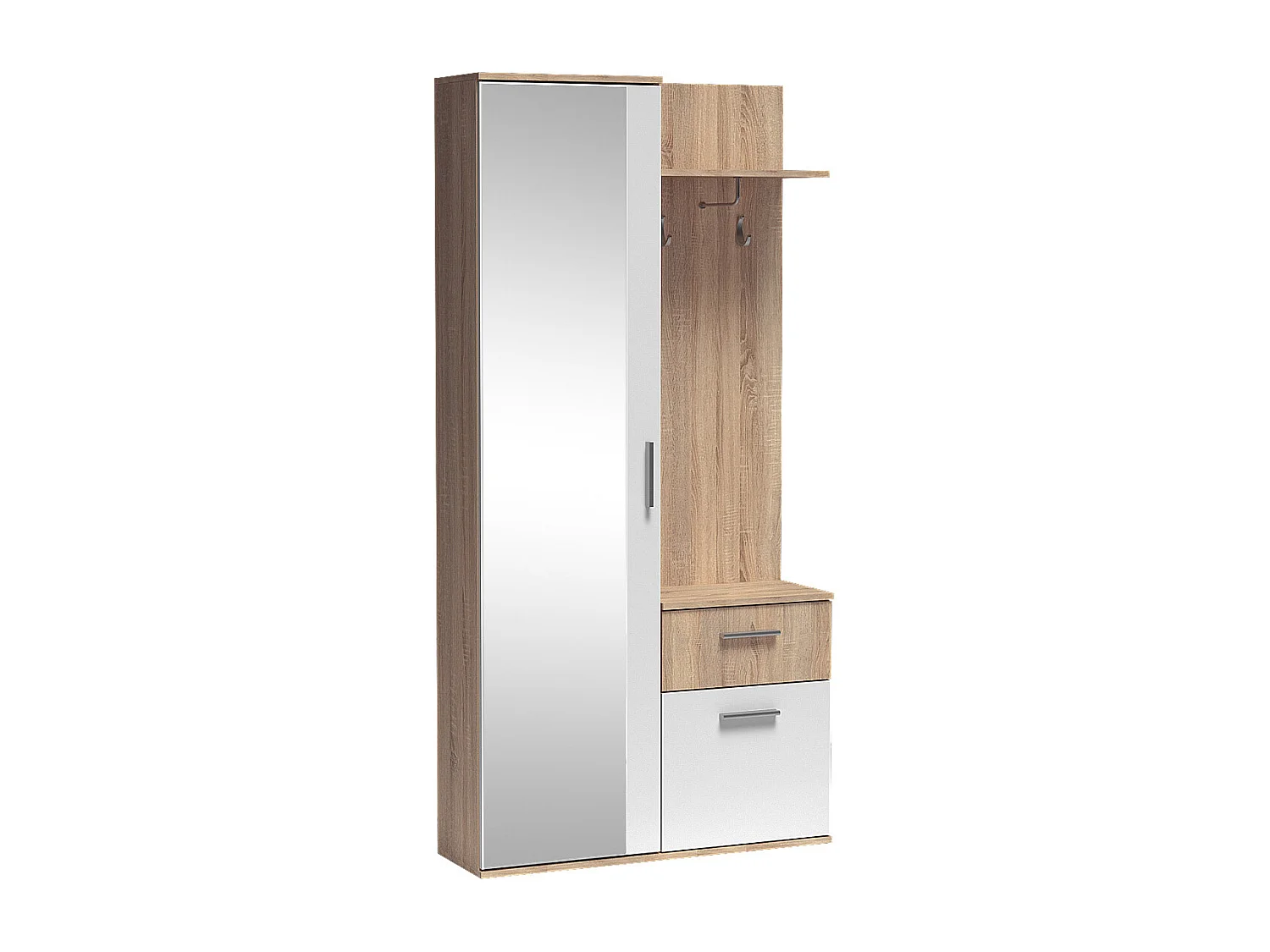 Garderoben-Set 97 cm mit Spiegel & Stauraum – Mit Haken, Schublade & Ablage – Flurgarderobe für Diele & Eingang – Sonoma Eiche/Weiß – Links oder Rechts – Nex