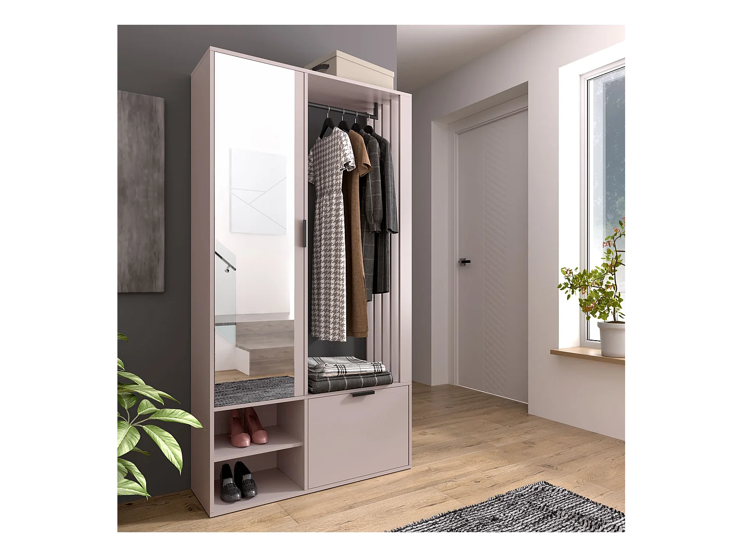 Garderoben-Set mit Spiegel & Sitzbank 100 cm – Flurgarderobe mit Kleiderstange, Ablage, Stauraum – Links oder Rechts – Beige, Kaschmir – Garderobenschrank Lena Uni