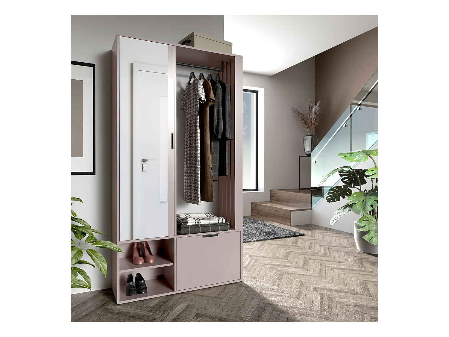 Garderoben-Set mit Spiegel & Sitzbank 100 cm – Flurgarderobe mit Kleiderstange, Ablage, Stauraum – Links oder Rechts – Beige, Kaschmir – Garderobenschrank Lena Uni