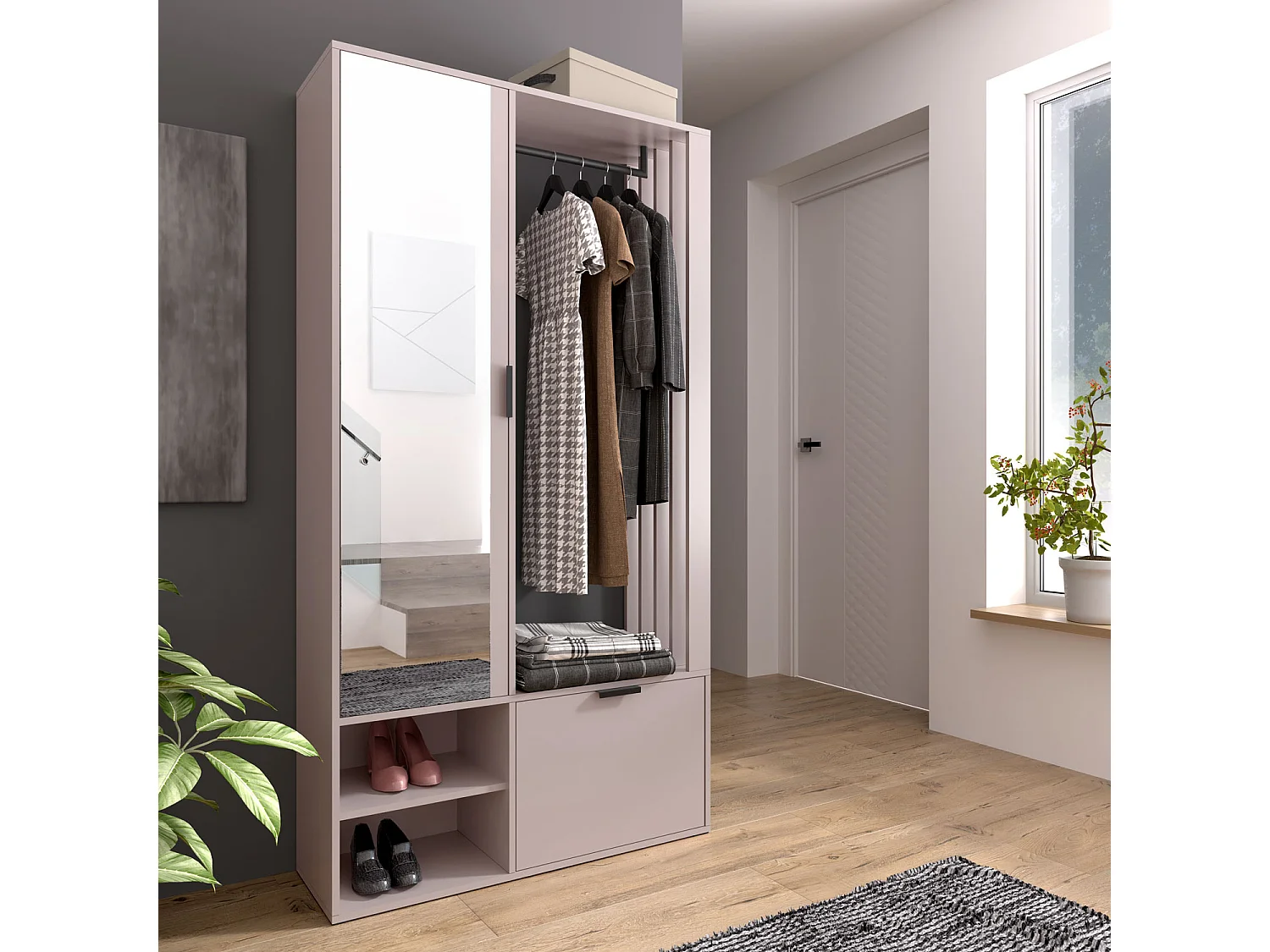 Garderoben-Set mit Spiegel & Sitzbank 100 cm – Flurgarderobe mit Kleiderstange, Ablage, Stauraum – Links oder Rechts – Beige, Kaschmir – Garderobenschrank Lena Uni